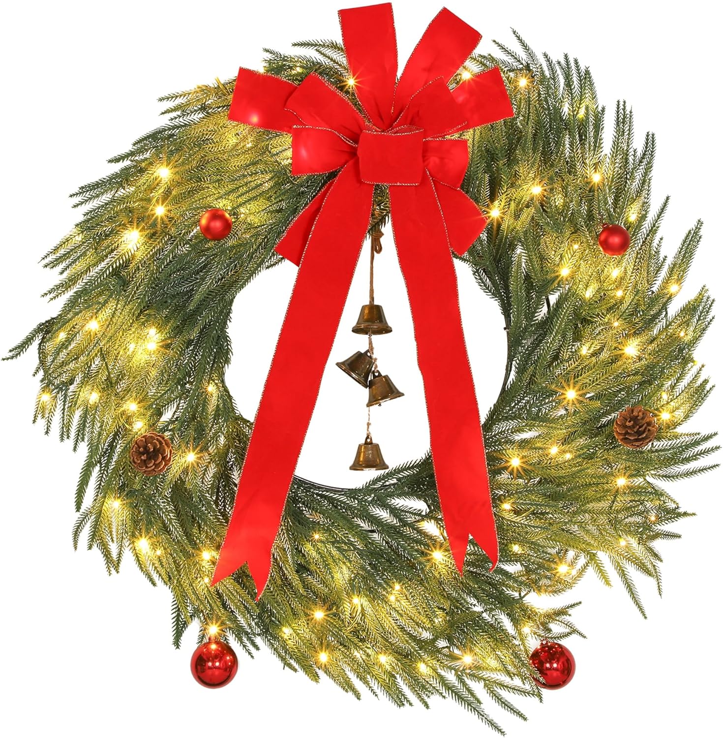 HOMCOM 36 Inch Christmas Wreath for Front Door, Prelit Christmas Wreath with 100 LED Lights, 8 Modes, Frosted Branches and Ornaments, Indoor Outdoor Holiday Decoration, Green