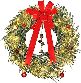 HOMCOM 36 Inch Christmas Wreath for Front Door, Prelit, 8 Modes, Green | Christmas Wreath, 100 LED Lights, Frosted Branches, Ornaments, Indoor Outdoor Holiday Decoration