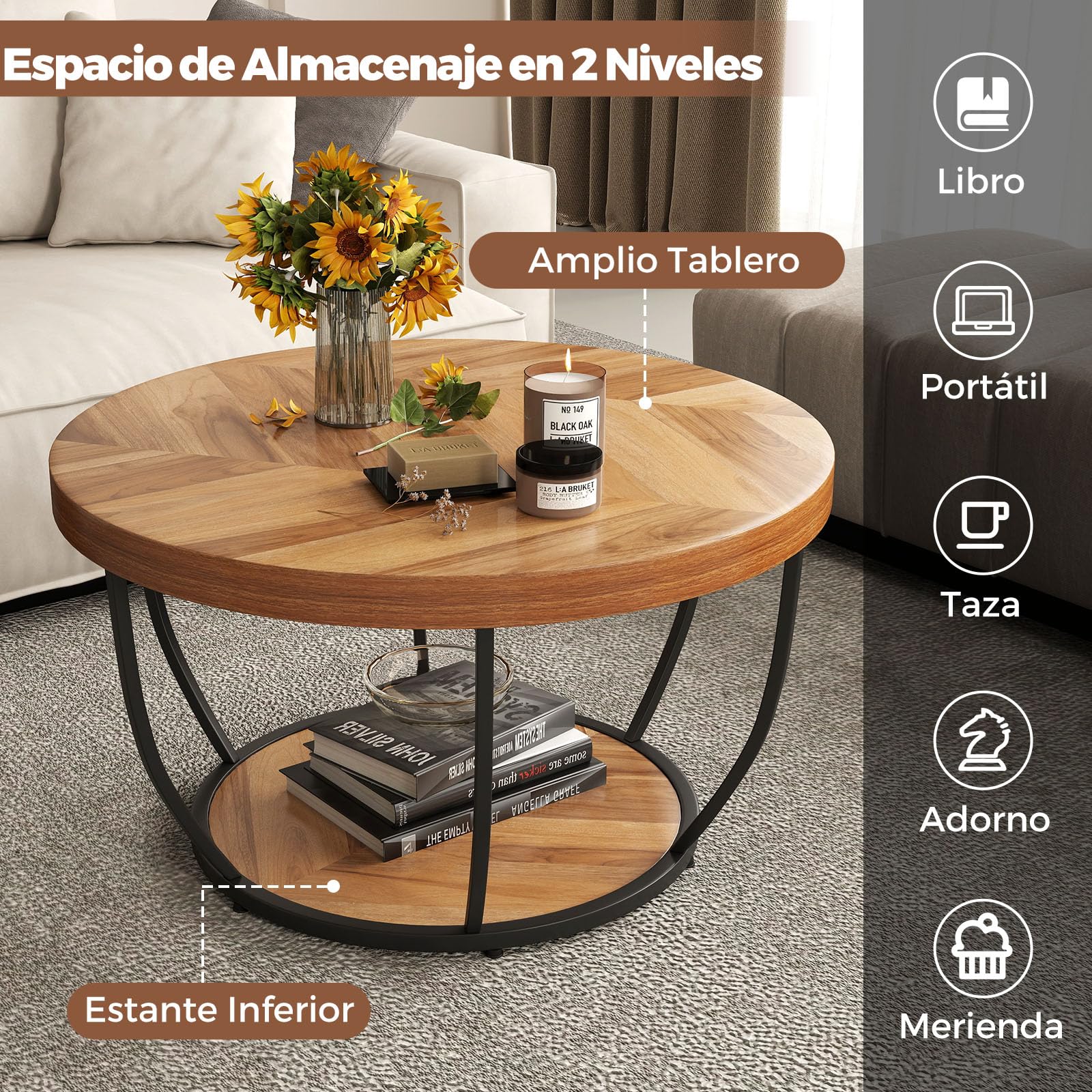 GOPLUS Mesa de Centro Redonda de 2 Niveles, Mesa de Café con Marco Metálico y Estante de Madera, Estilo Rústico con Pies Ajustables, para Salón, Dormitorio y Oficina, Carga 90KG, D.80x45CM (Natural)