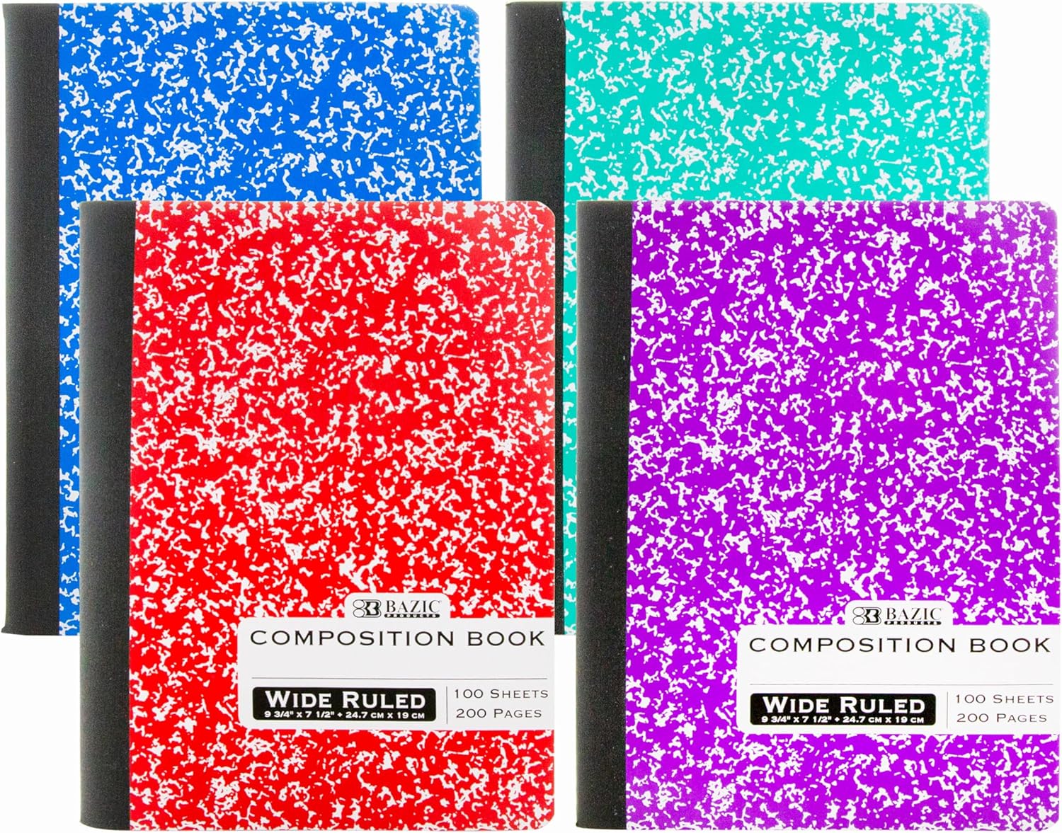 BAZIC PRODUCTS Composition Notebook Wide Ruled - 100 Sheets, Assorted Color Marble Composition Notebook with Durable Cover, Non-Spiral for Journaling, School, Home, or Office, 48-Packs