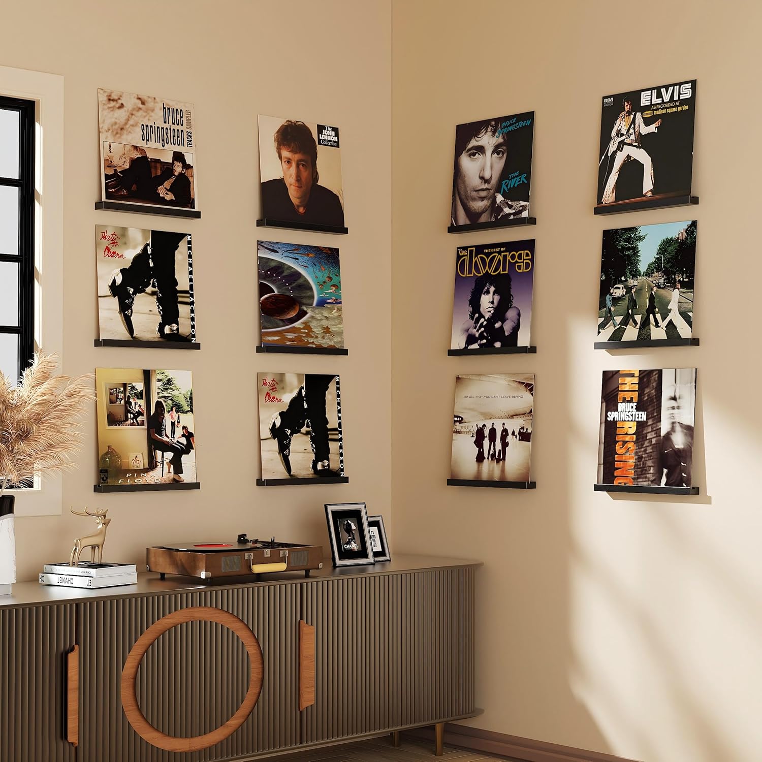 Emfogo Vinyl Record Shelf Wall Mount, 12 Pack Album Record Holder Wall, 12 inch Vinyl Record Storage Shelves Wall, Wood Record Display for Living Room (Black)
