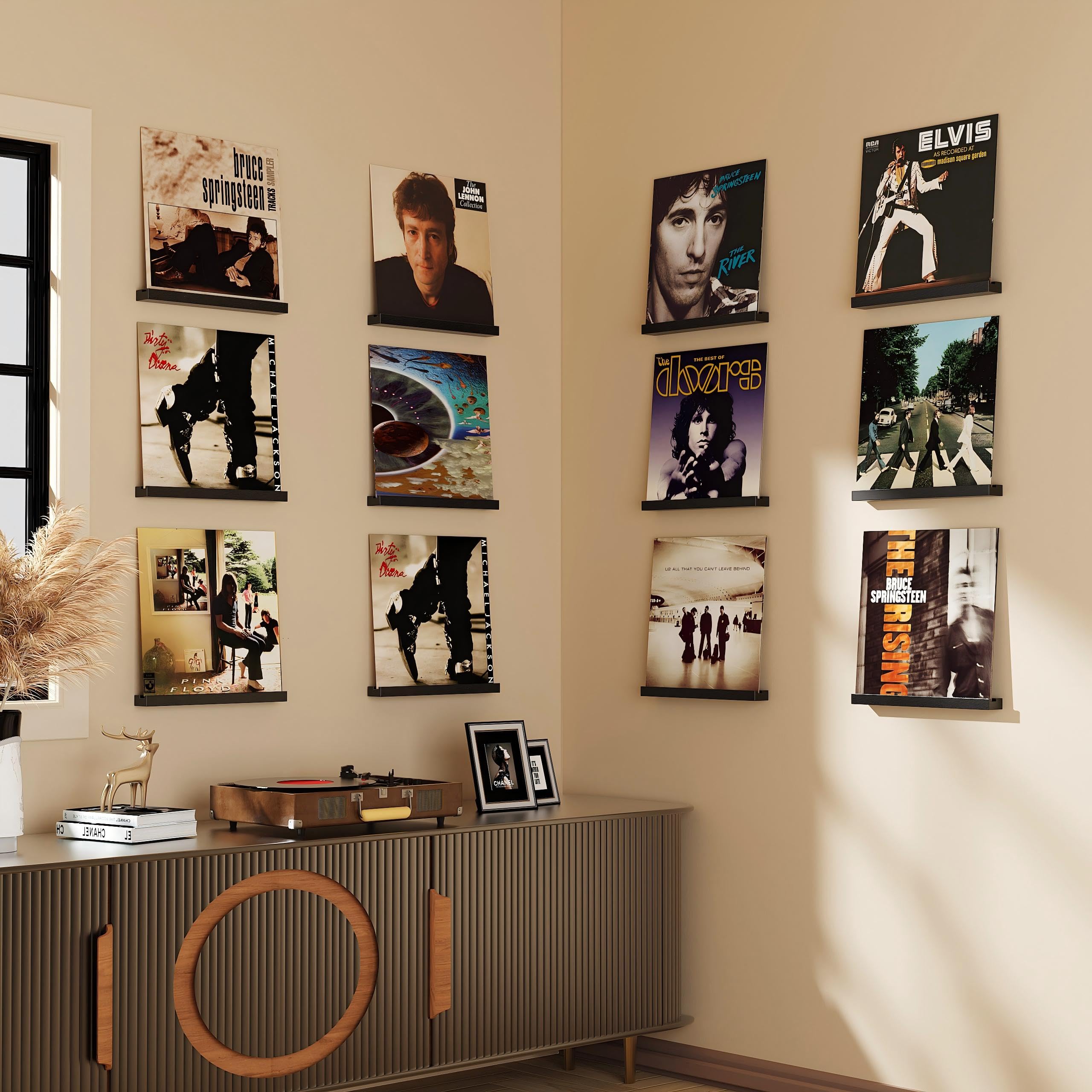 12 Pièces Porte-disques Mural en Bois, Rétro Supports Muraux pour 12 Vinyles, Porte-disques Mural pour Salon de Décoration, Affichage et Stockage, Collections (Noir)
