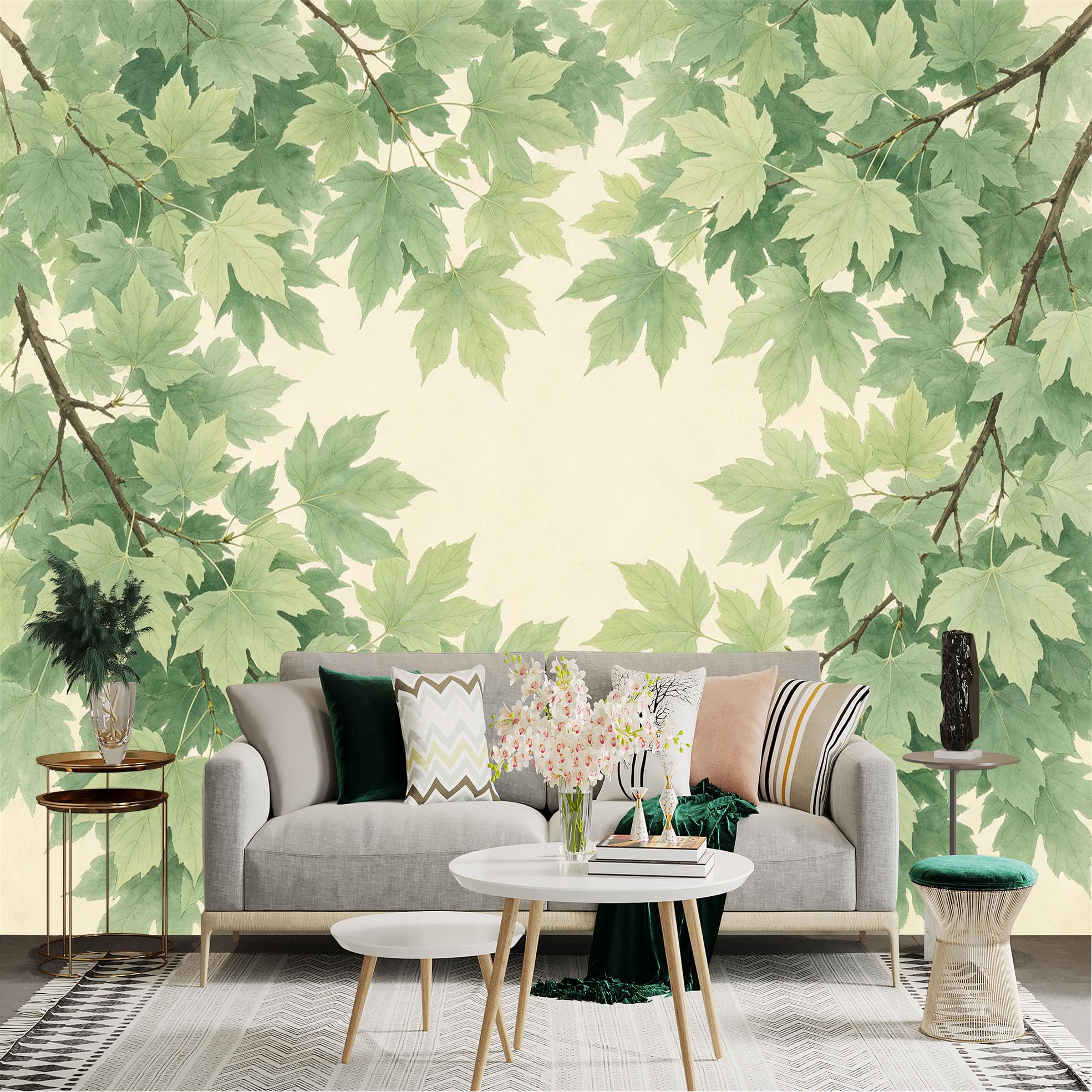 Lnzczhyre Dbh260521238 Custom Size Wall Sticker Mural， Watercolor Maple Tree Leaves， Soft Green Foliage Botanical Art， Peaceful Nature Backdrop， For Wall Decoration， Peelandstick Wall Decals.