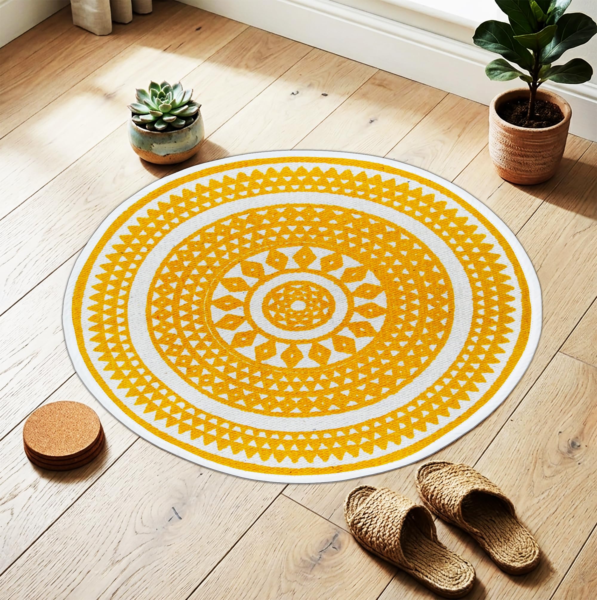 Handwoven Cotton Printed Rug for Home Size - 60 cm Diameter - Round Geometric Anti-Slip Color - Yellow-image-49