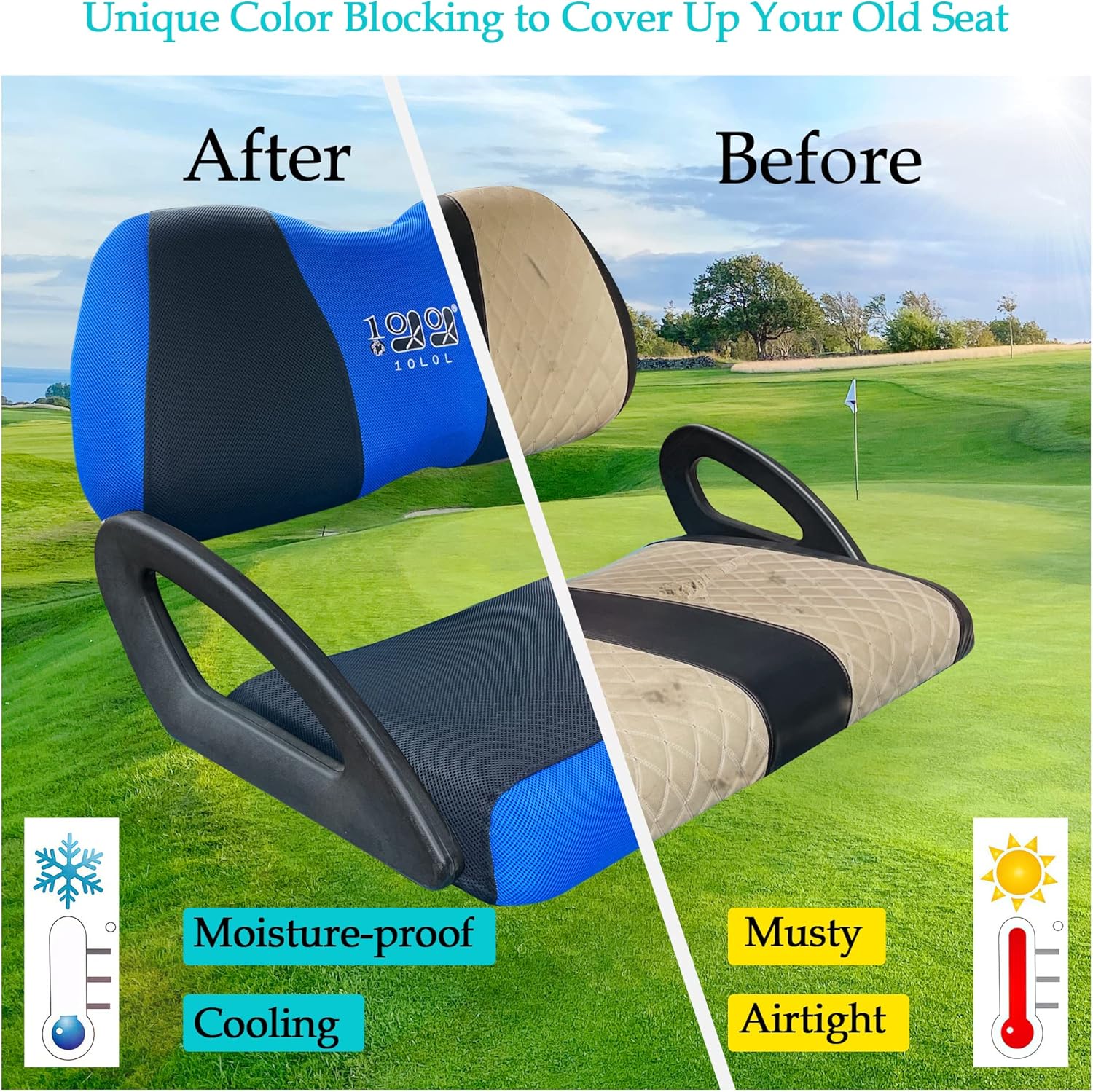 10L0L Golf Cart Seat Covers for EZGO TXT RXV & Club Car DS 2000-up, Breathable Air Mesh Fabric Washable - Blue