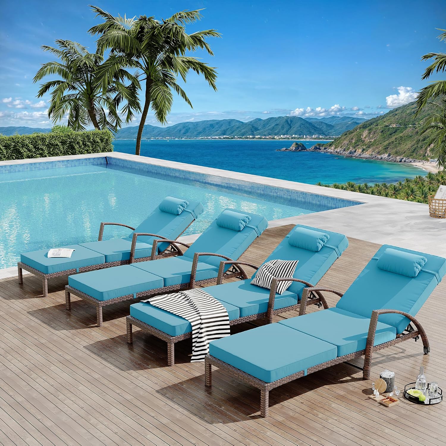 coucheta Outdoor Chaise Lounge Set of 2 Rattan Patio Folding Chaise Lounge Adjustable 5 Position Back Patio Pool Lounge Chair with Cushion Pillow for Poolside Backyard Deck Porch Peacock Blue