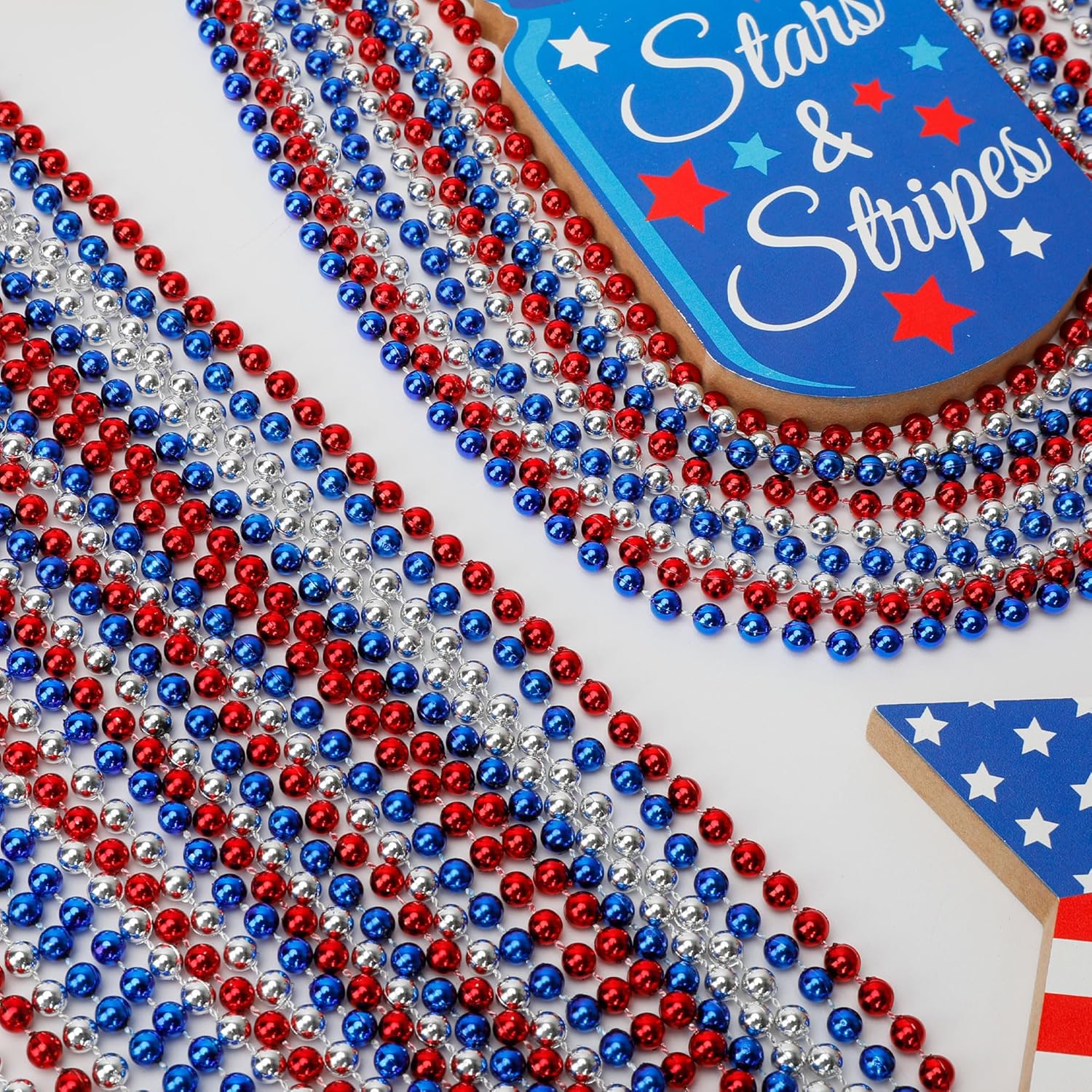 Huskein 120 PCS 4th of July Necklace, 33" Red Silver Blue Metallic Beaded Necklaces, Independence Day Party Accessories Patriotic Bead Necklace for Memorial Day Fourth of July Parades Party Supplies