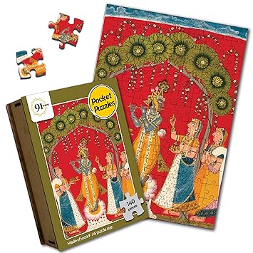 91Knots-Krishna with Flute and Gopis Wooden Jigsaw Puzzle (140 Pieces) for Adults and Kids-Beautiful Indian Artwork Puzzle | New Year Gifting | Brain Booster Games & Toys for Above 5+ Years - image, photos