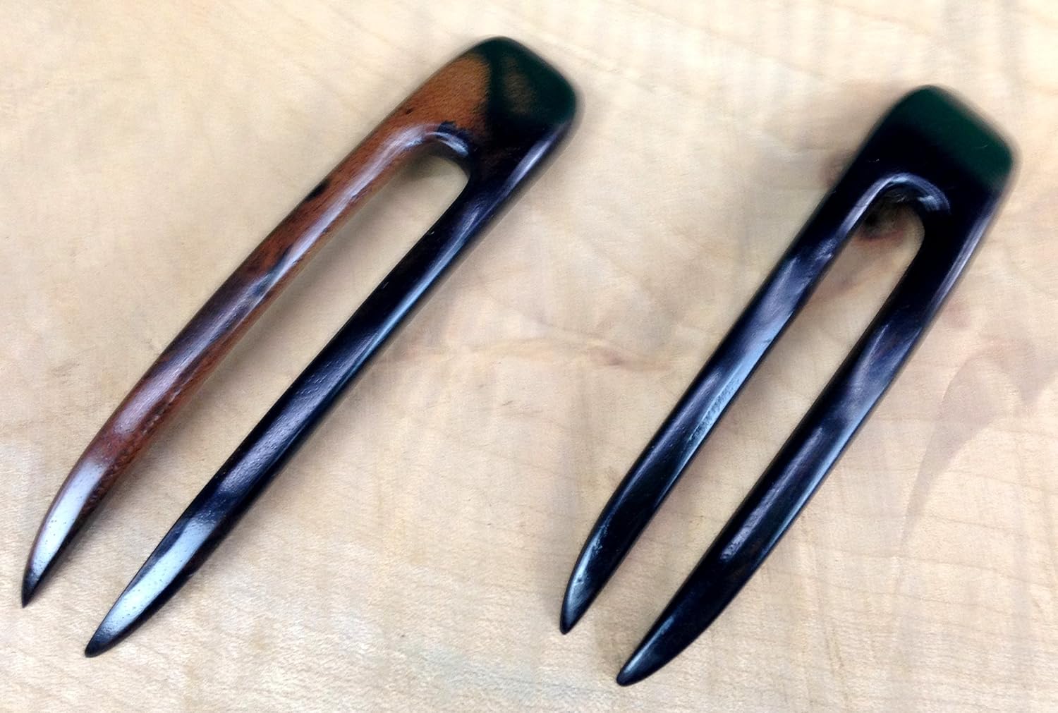 Two Ebony Wood Two Prong Curved 4.5 Inch long Hair Stick Pick Pic Pin Fork -