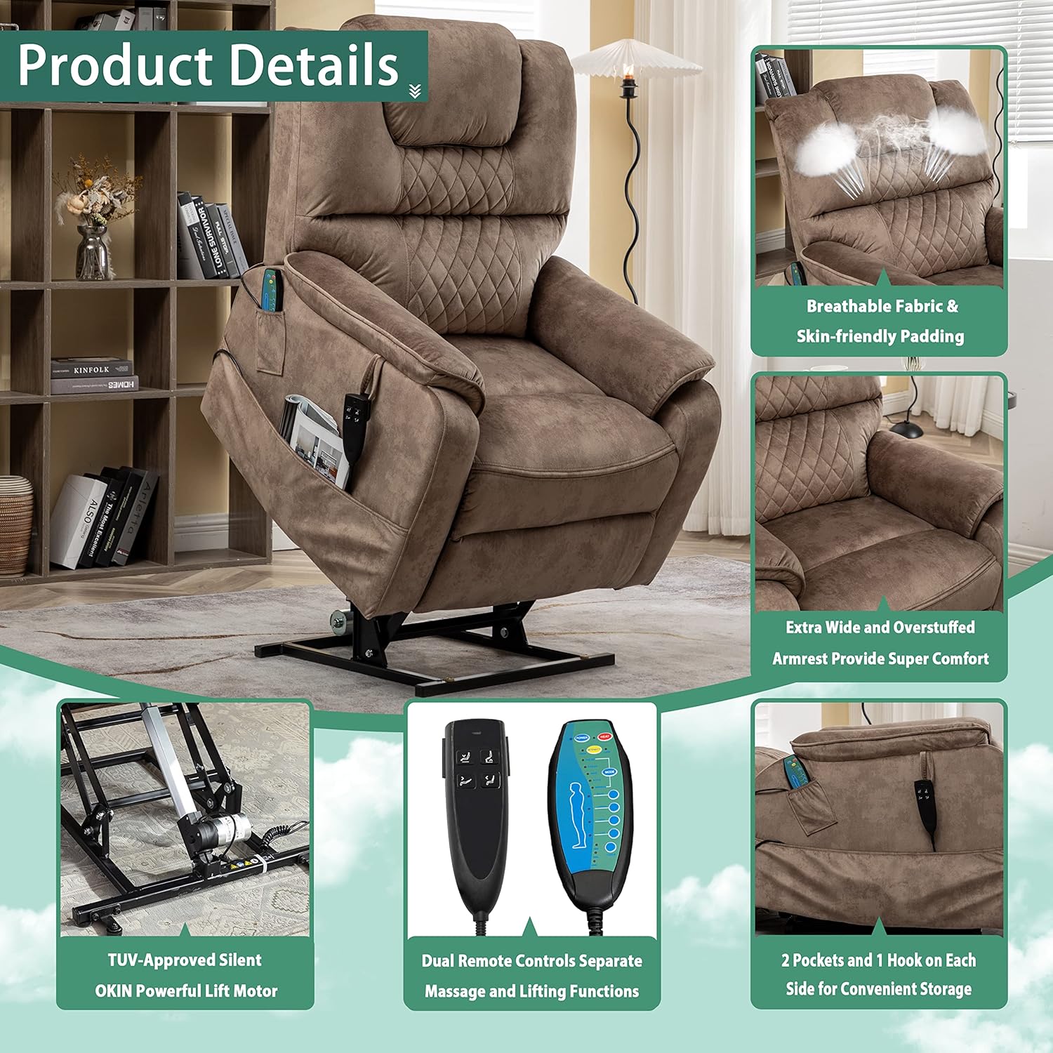Power Lift Chair for Elderly: 9968Plus High Density Foam Lay Flat with Heat and Massage, Reclining to 180, 2 Widened Armrests, 2 Remote Controls, Dual OKIN Motors - Fabric Brown