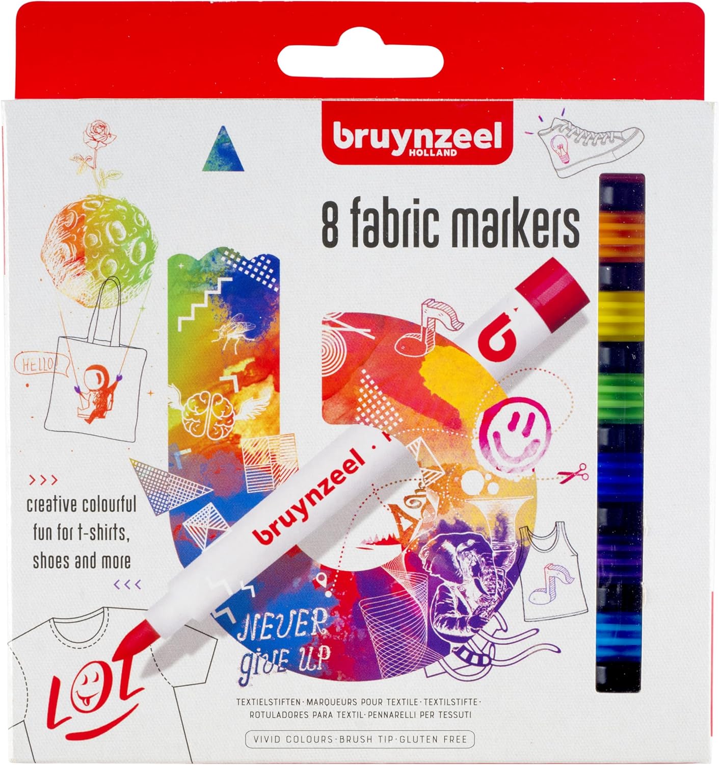 Talens Bruynzeel Fabric Markers, 8 Brush Tip Pens for Clothing and Fabrics