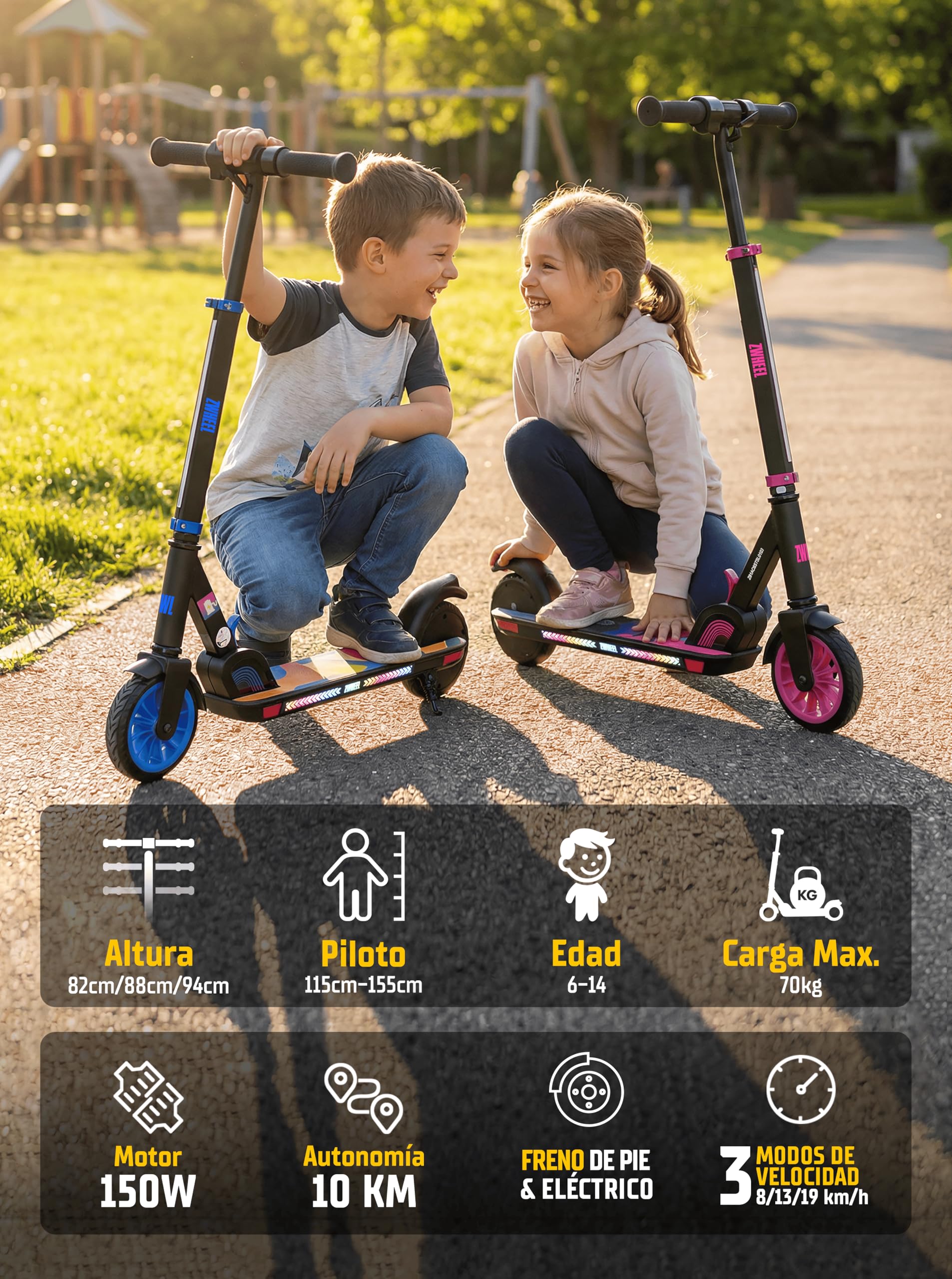 ZWHEEL ZTOY SUPERKID | Patinete Eléctrico para Niños & Niñas - Altura Ajustable - hasta 70kg - 150W, 10km Autonomía, 19km/h, Luces RGB, Doble Freno - Ruedas Antipinchazo