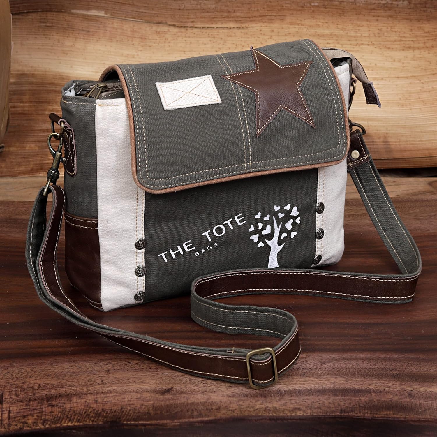 CLA Bags, Upcycled Canvas Small Star Crossbody Bag, Upcycled Canvas & Cowhide Leather Crossbody Bag for Women (Grey) - Image 7