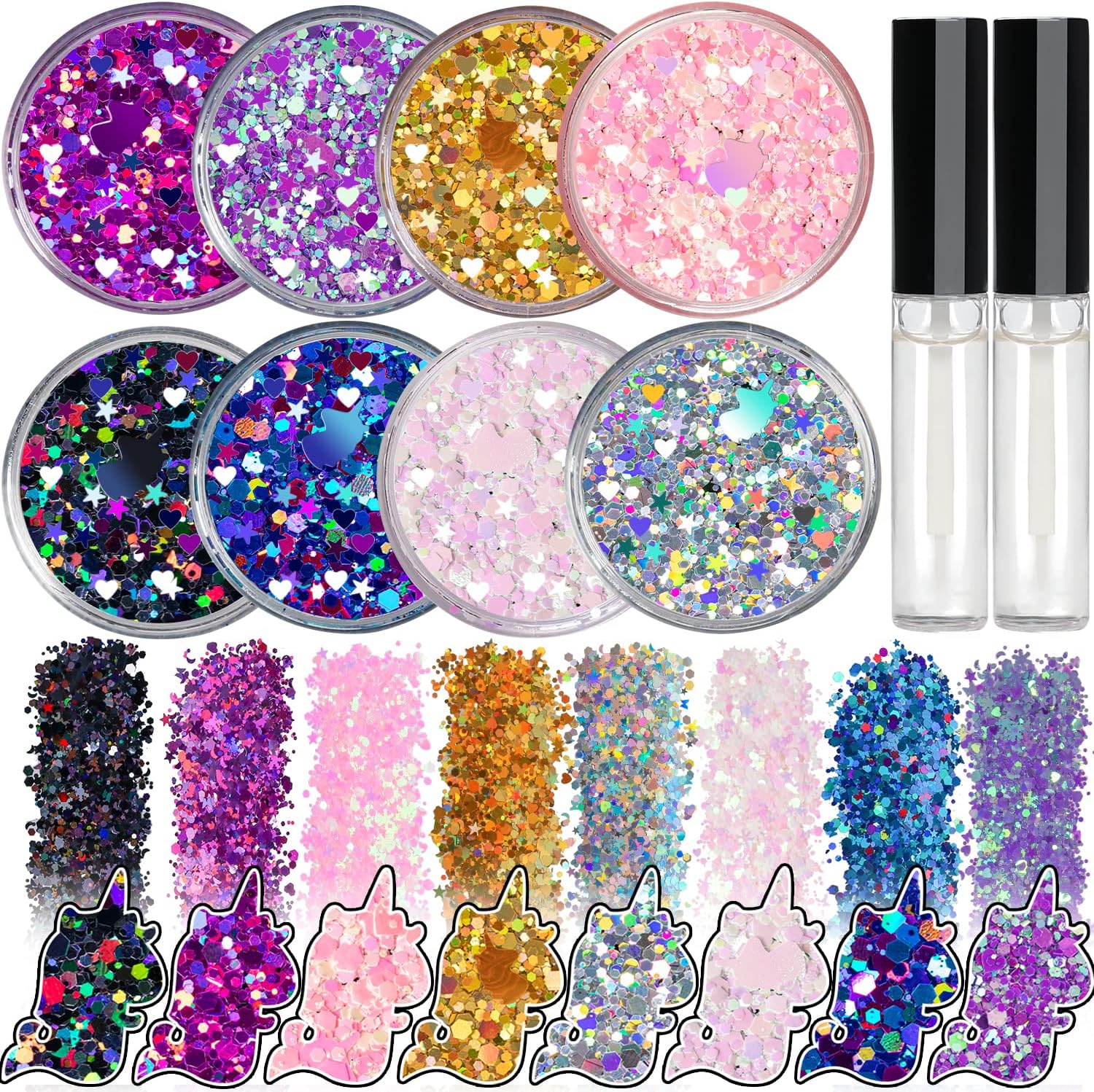 8 Jars of Cosmetic Chunky Glitter Shimmer Body Face Hair Eye Musical Festival Carnival Dance Halloween Party Beauty Makeup Temporary Tattoos Multicolored (40g/1.4oz)+FREE Quick Dry Glitter Glue(10ml)