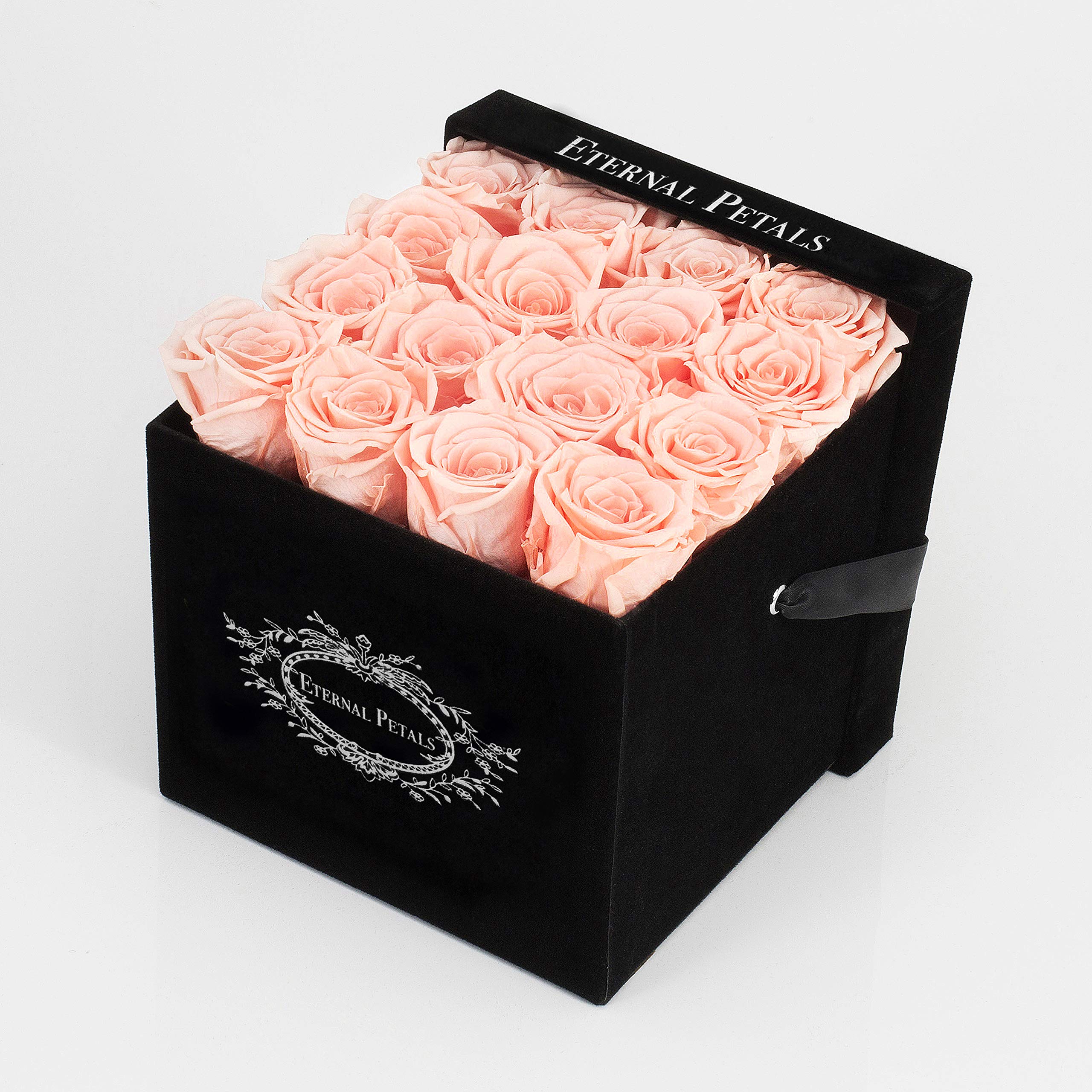 Real Roses That Last A Year – 16 Roses in a Black Flower Box (Delicious Peach)