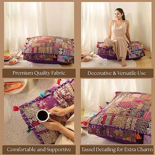 Miniatura 64 de THE ART BOX Cotton Patchwork Vintage Boho Embroidered Floor Pillows & Cushion Cover Dog Pouf Seating Pouf Meditation Pillow Pet Bedding Cat Bed Boho
