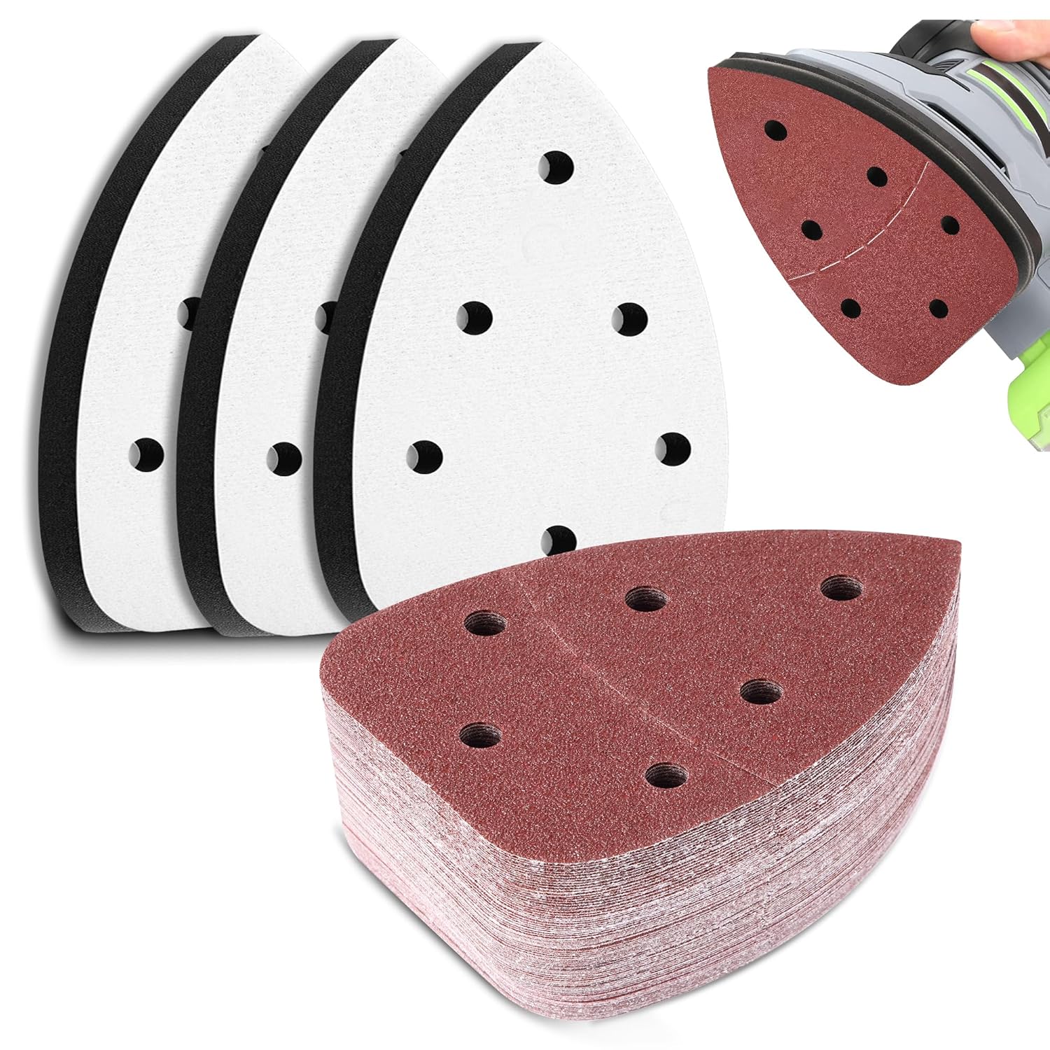3 Pcs 6 Holes Foam Sanding Pads with 48 Pcs Mouse Sander Sandpaper in 40 60 80 120 150 180 240 320 Grits, Mouse Detail Sanding Interface Pad Compatible with Ryobi Sander