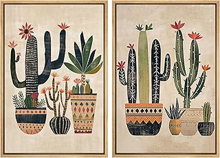 MUDECOR Framed Canvas Print Wall Art Set Mexican Cactus Tropical Botanical llustrations Modern Art Decorative Bohemian Calm/Zen for Living Room, Bedroom, Office - 24"x36"x2 Natural