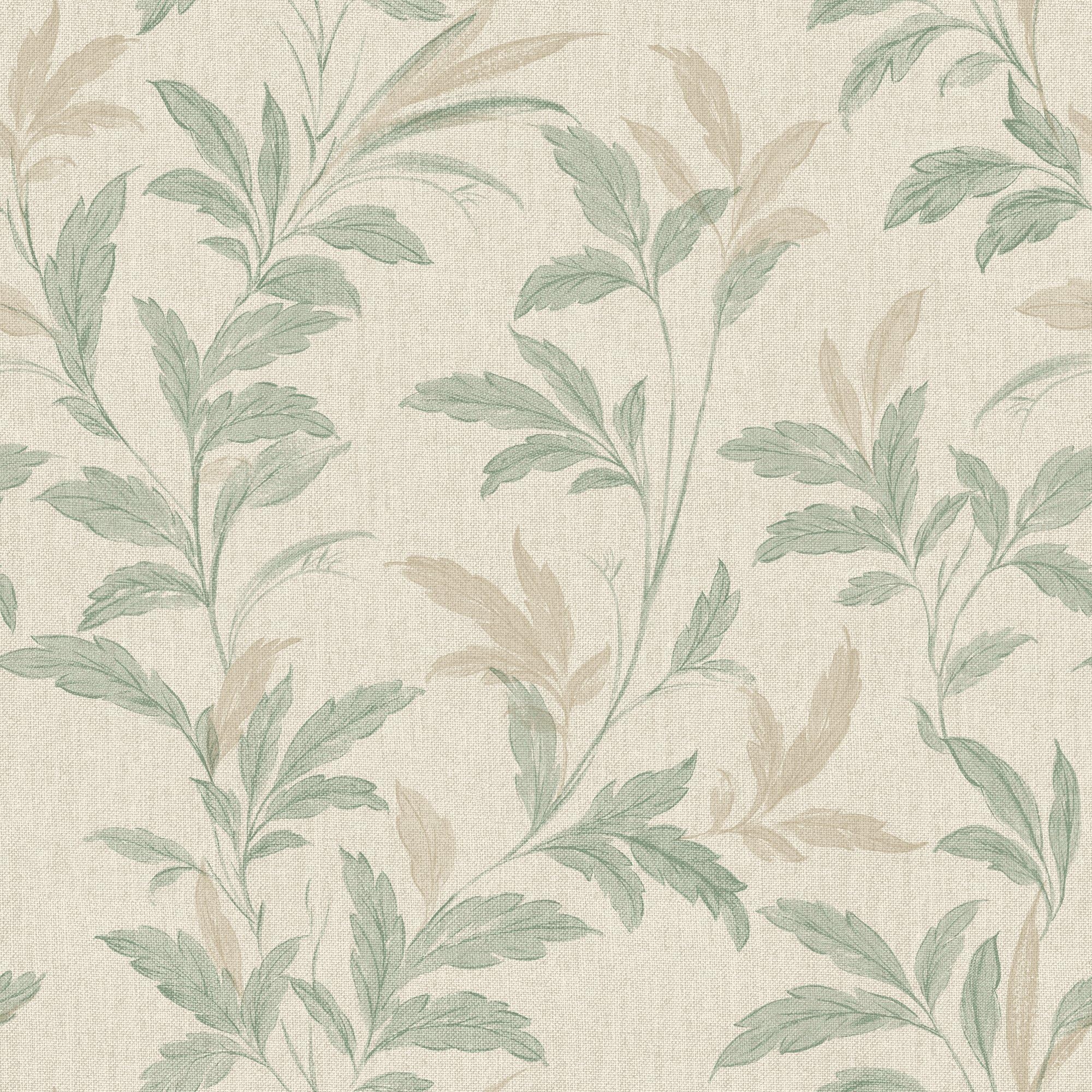 Grandeco Organic Leaf Trail Linen Textured WallpaperSage Green Beige from B&Q