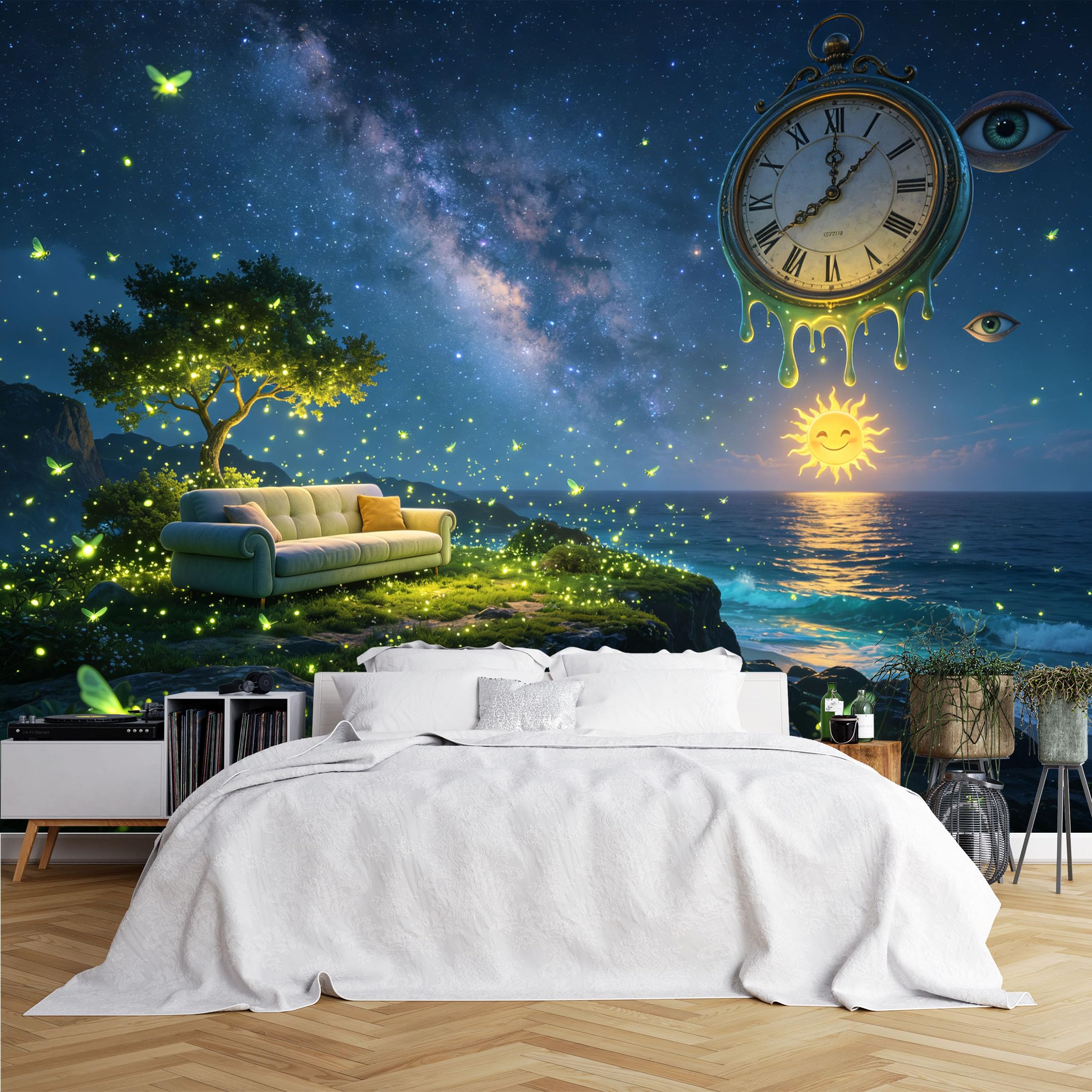 Lcythiazole Ch260615033 Custom Size Wall Murals Surreal Clock Seaside Starry Night Wall Murals Large Photo Wallpaper Self-Adhesive Removable Wallpaper For Bedroom Living Room