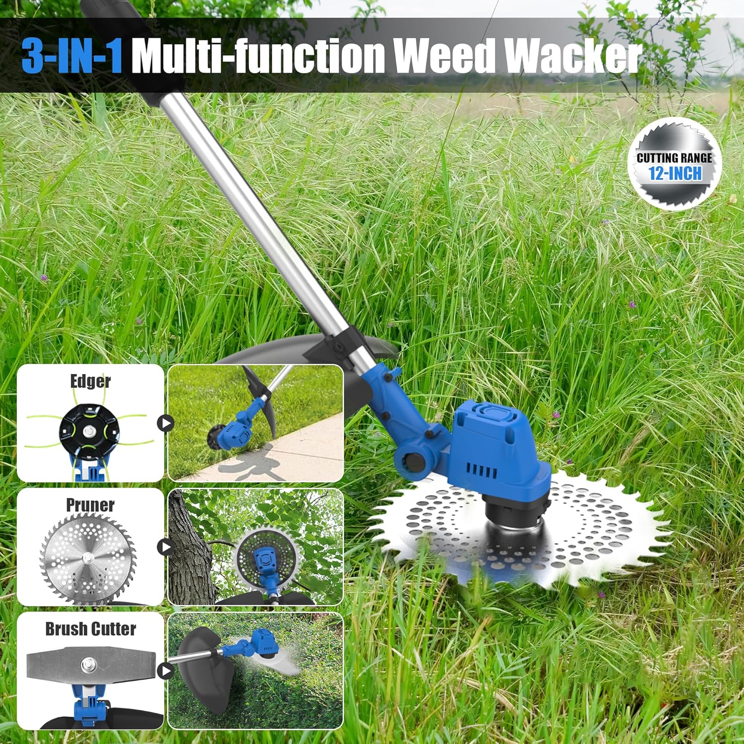 AZZUNO 21V 12" Brushless Brush Cutter Electric Weed Wacker Cordless Lawn Grass Eater, 3-in-1 Lightweight String Trimmer 4.0Ah Battery Powered with Charger and Blades for Garden Yard Patio