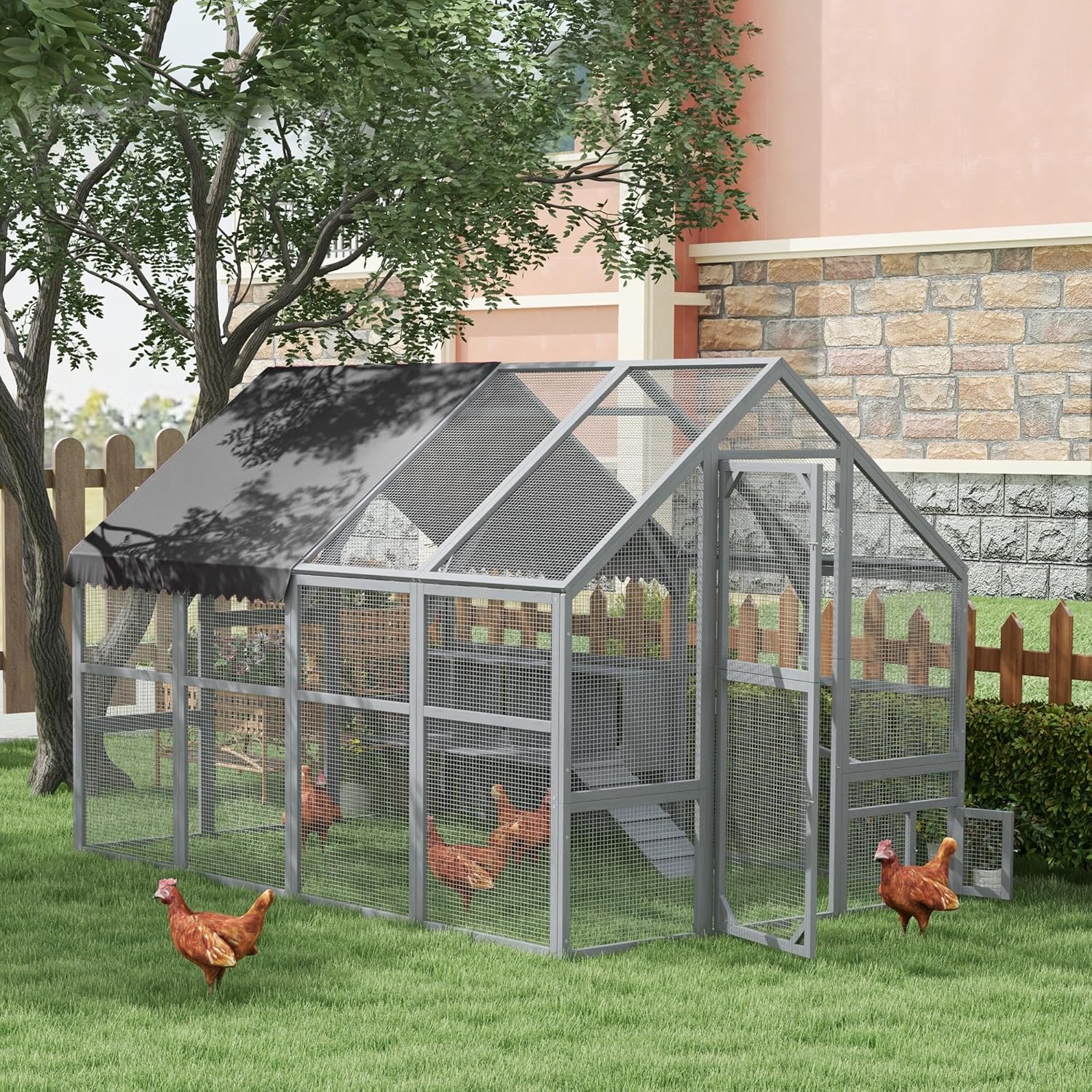 PawHut Large Wooden Chicken Coop for 8-12 Hens, Walk-in Chicken Run with Waterproof Cover, Nesting Boxes and Perch, Outdoor Poultry Cage Rabbit Hutch for Backyard, 110.2" x 73" x 74", Gray