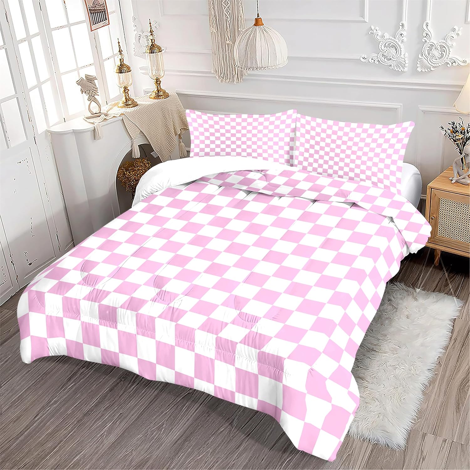 Teens Pink White Checkered Comforter Set Queen Size,Grid Bedding Set for Kids Boys Girls Bedroom Decoration,Geometric Bed Duvet Insert,Modern Simple Grid Comforter with 2 Pillowcases