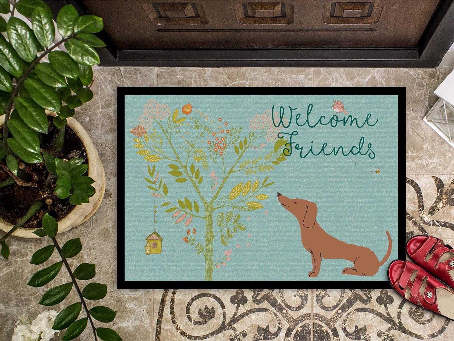 Caroline's Treasures BB7631JMAT Welcome Friends Red Dachshund Doormat 24x36 Front Door Mat Indoor Outdoor Rugs for Entryway, Non Slip Washable Low Pile, 24H X 36W