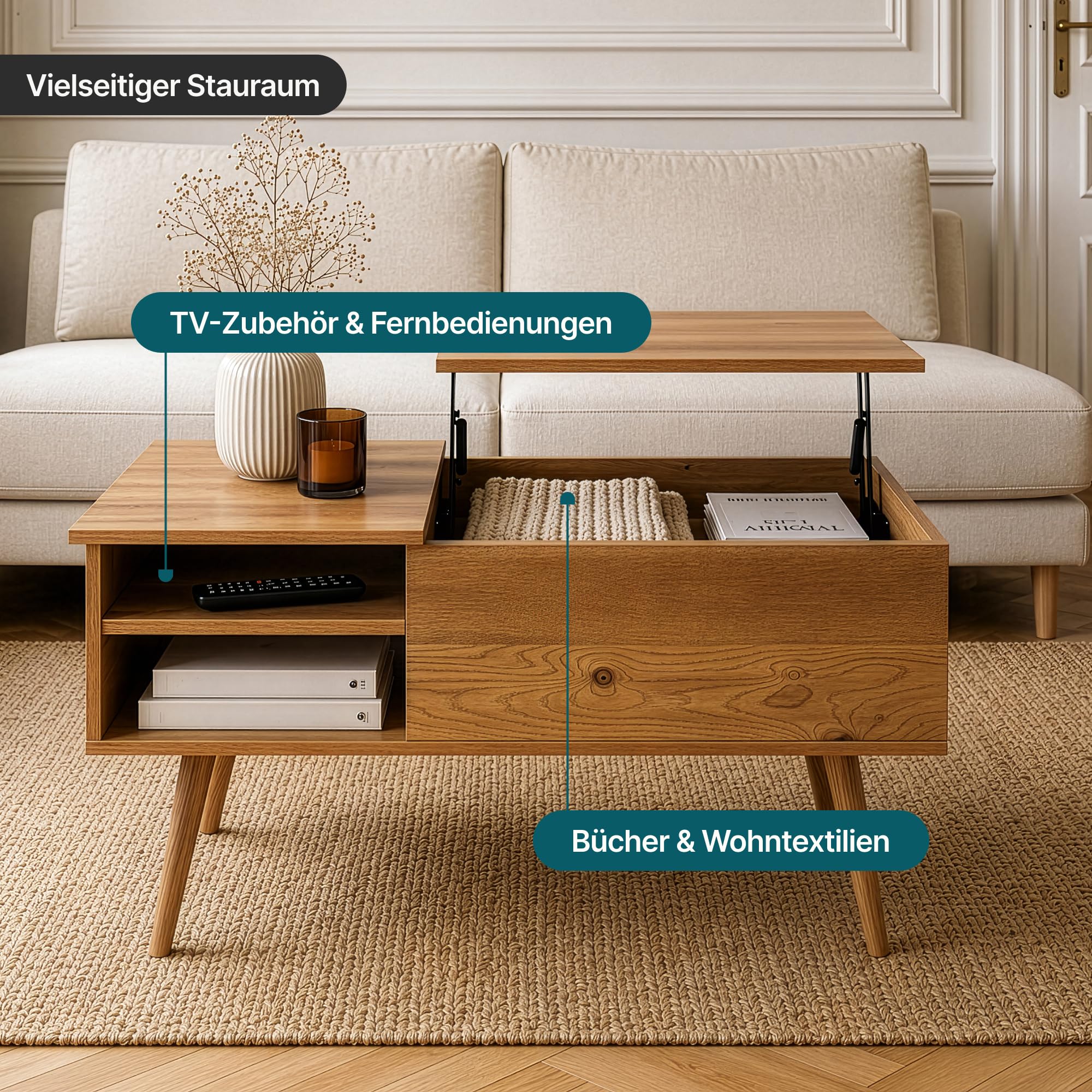 [en.casa] Couchtisch Vasdabod mit Liftplatte 96x59x50 cm Eicheoptik | Couchtisch mit Stauraum, höhenverstellbar, Beistelltisch, Wohnzimmertisch, Sofatisch, rechtekig, 2 offene Ablagefächer
