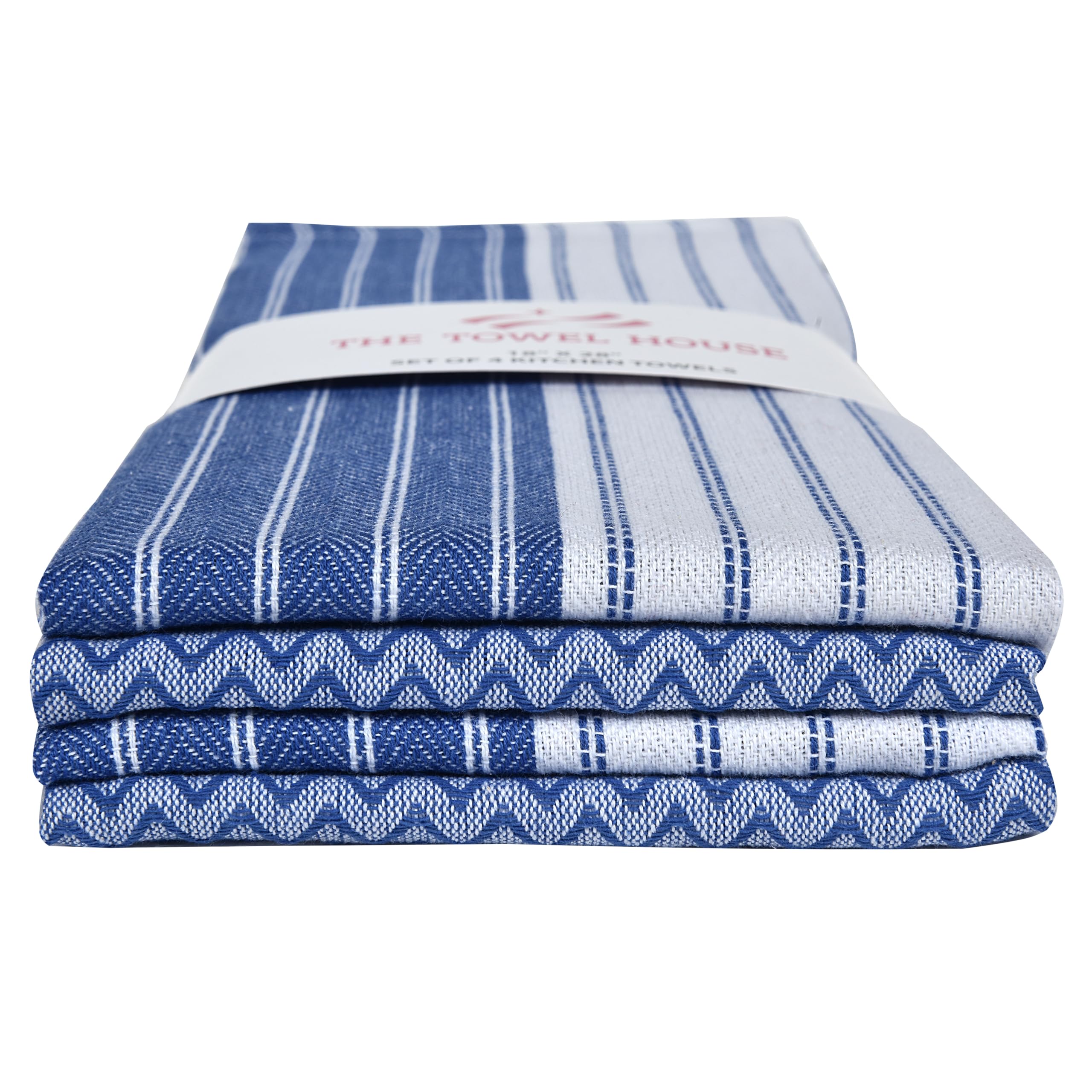 THE TOWEL HOUSE Premium Cotton Kitchen Towels – Extra Large 18x28 Inches, Super Absorbent, Quick Dry with Built-in Hanging Loop – Blue, Pack of 4, Ultra-Soft and Durable