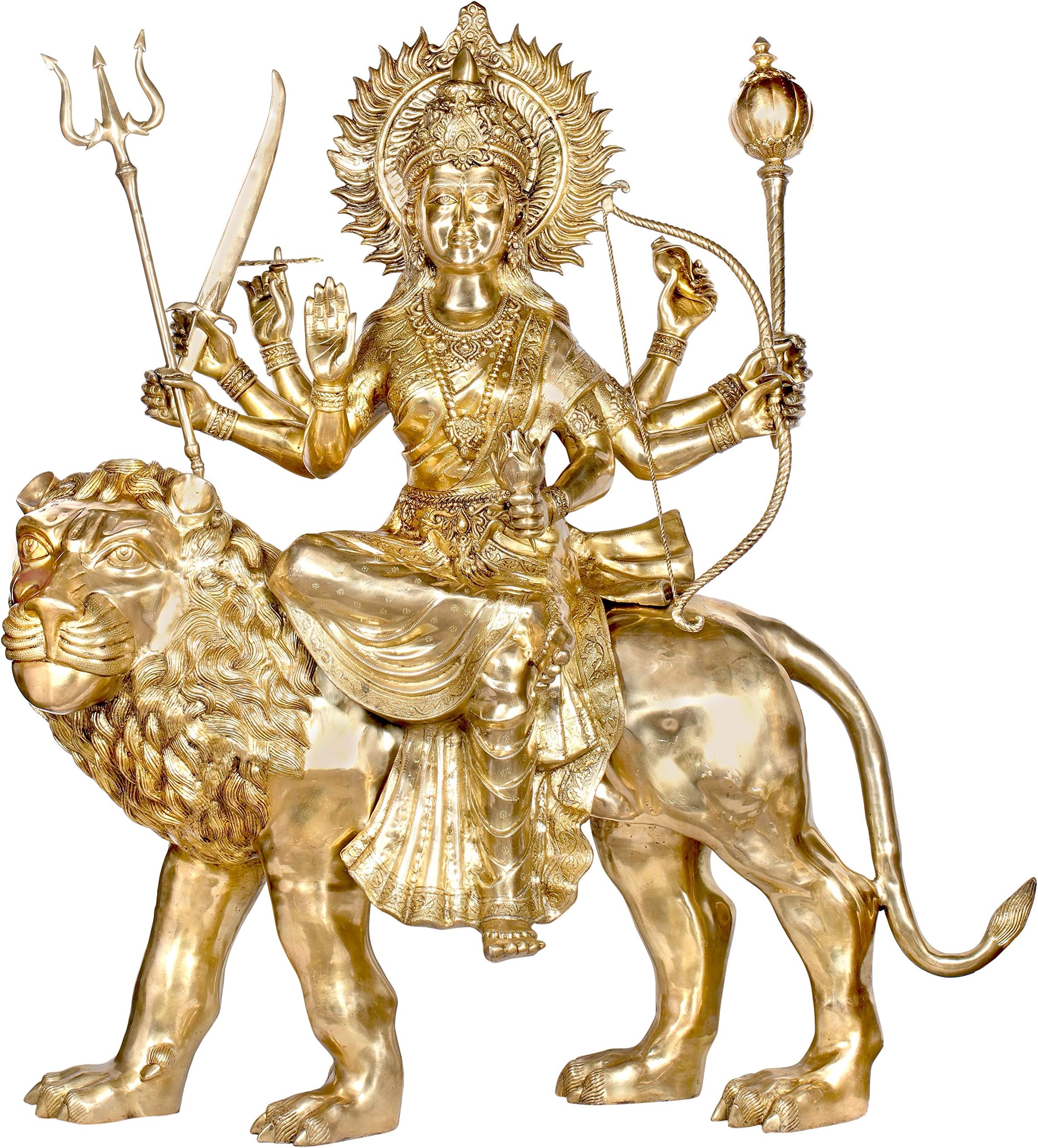 Exotic India Large Size Sheran Wali Mata Seated On Her Vahana - Brass Statue
