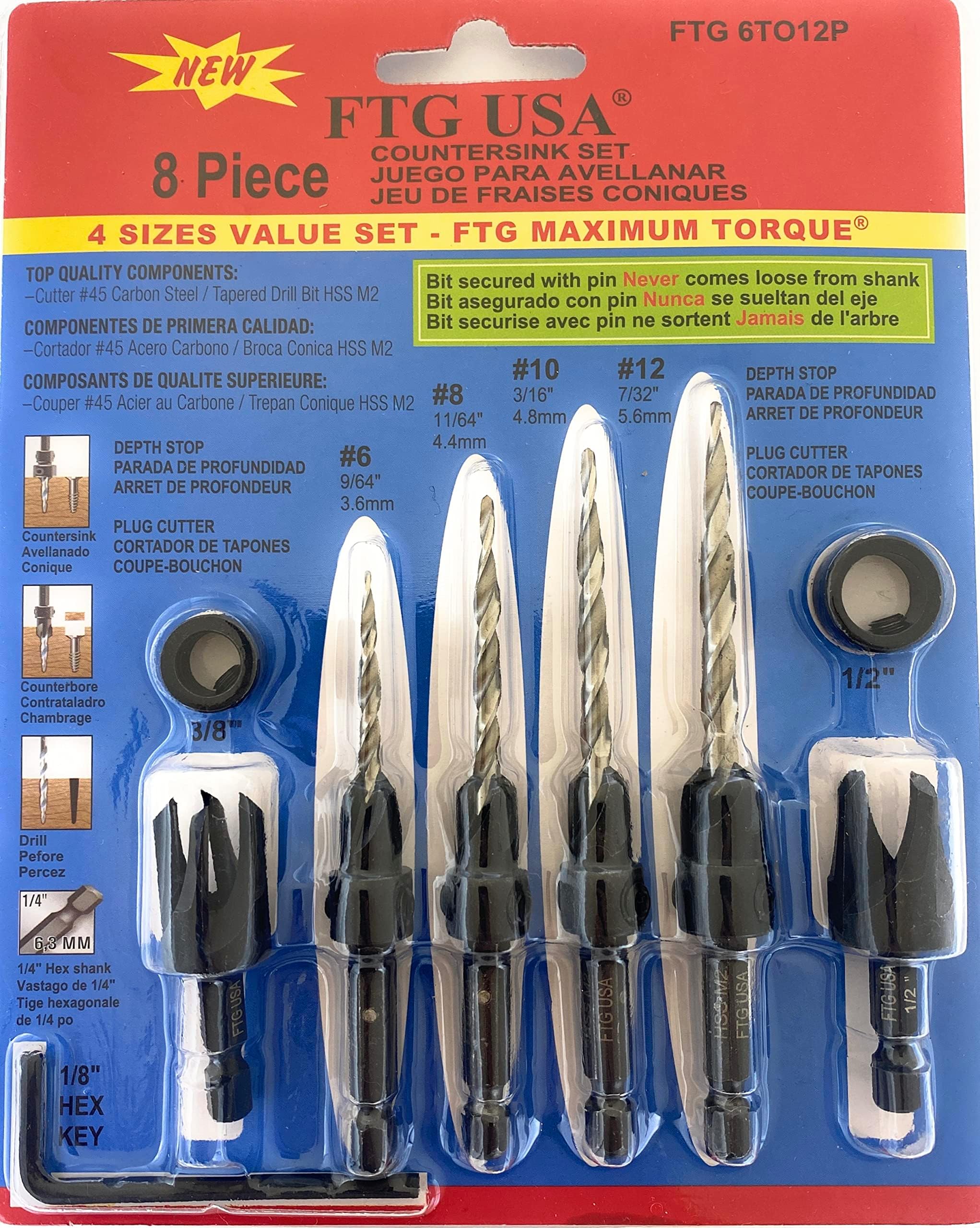 FTG USA Adjustable Wood Countersink Drill Bit Set #6#8#10#12 with Tapered Drill Bits for Woodworking
