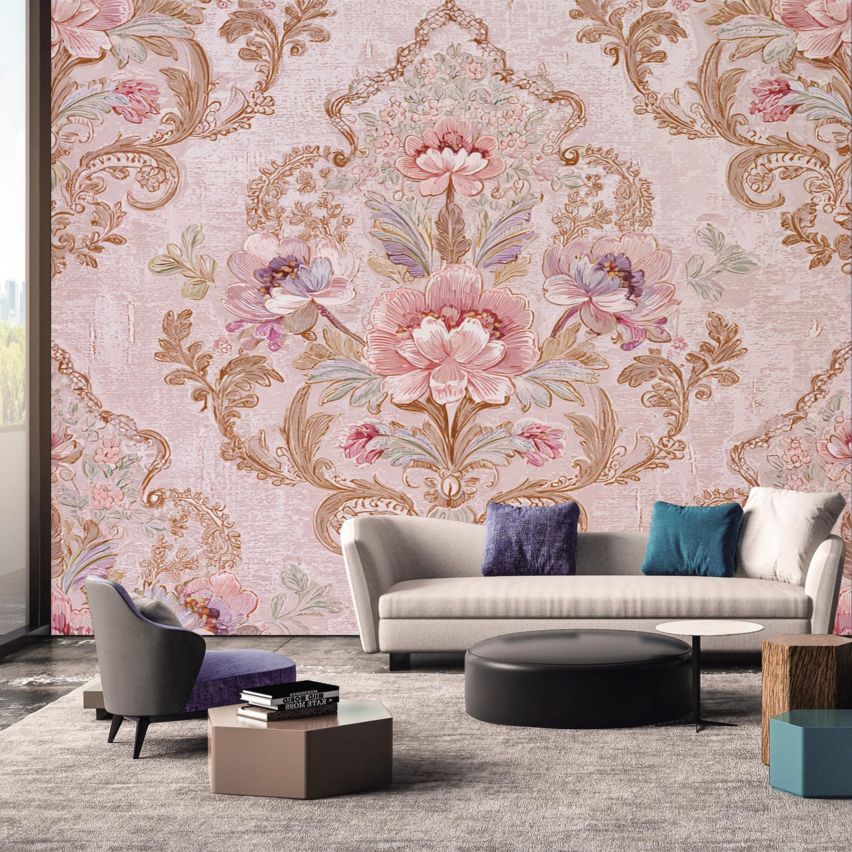 Damask Floral Wallpaper - Retro Flower Pink Wall Mural - Wall Murals for Living Room Bedroom - Photo Wallpaper & Home Decor Art - 450 x 315 cm A-5075