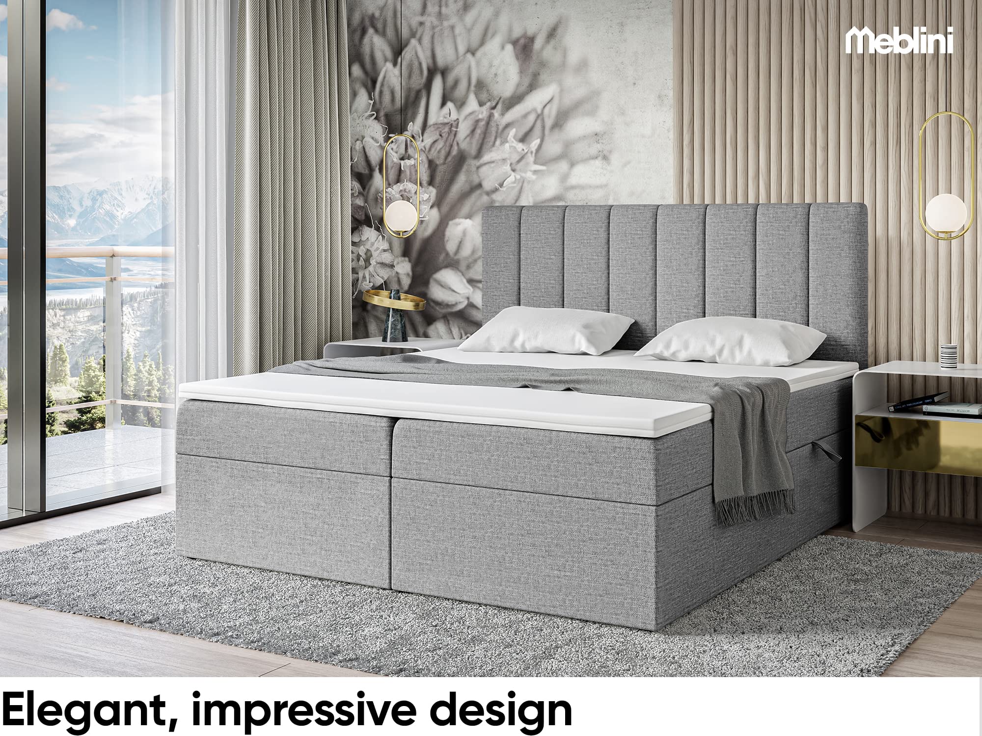 MEBLINI Boxspringbett mit Bettkasten - 180x200 - Gepolstert Doppelbett mit Matratze und Topper - Polsterbett mit Stauraum - Bett mit Kopfteil - Stauraumbett - Erling - H3/Grau Webstoff