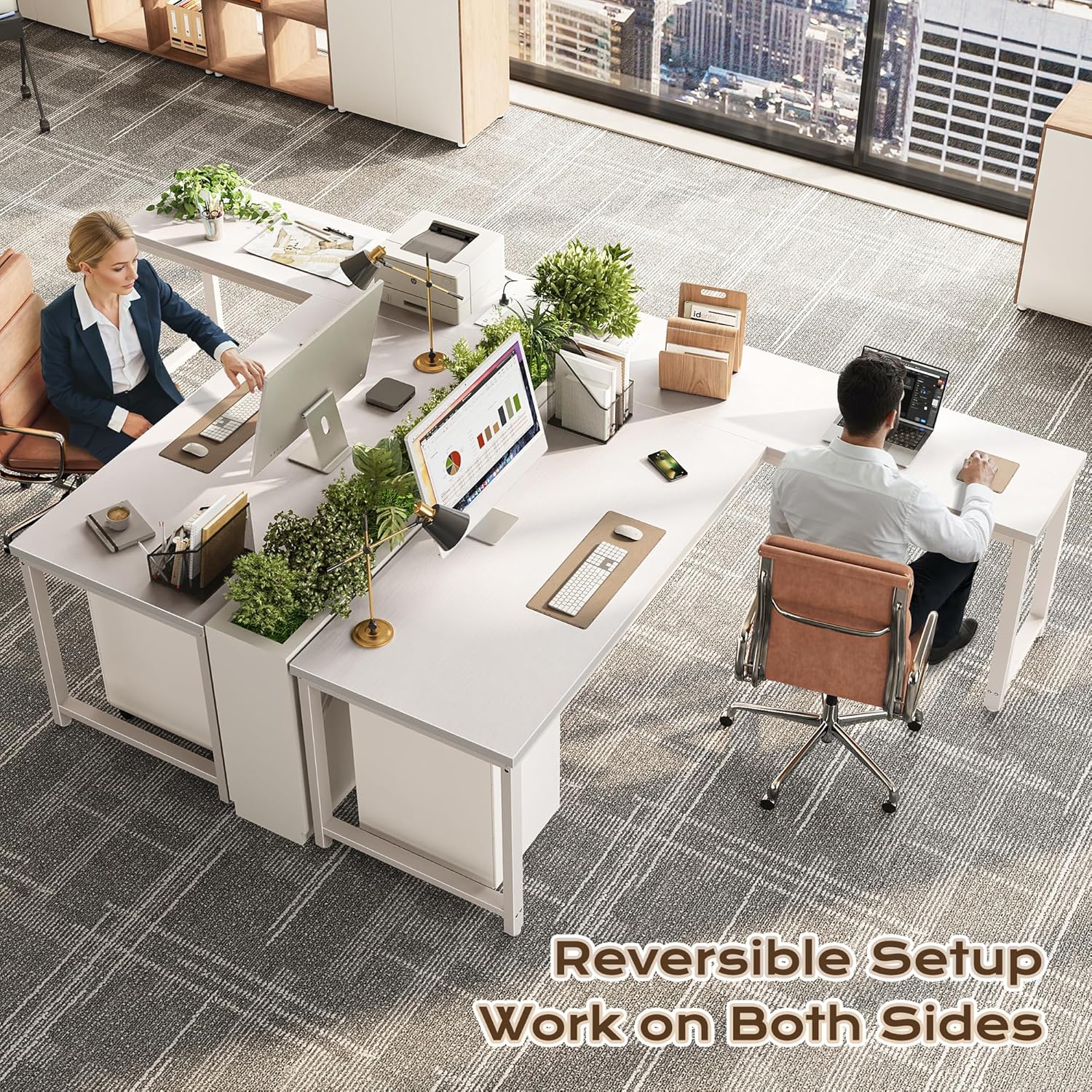 huuger 63 inch l shaped desk with power outlets and usb-c port, reversible computer, larger office corner gaming desk, 0.95 inch thicker desktop, metal frame, for home office, study, white 63inch with outlets white