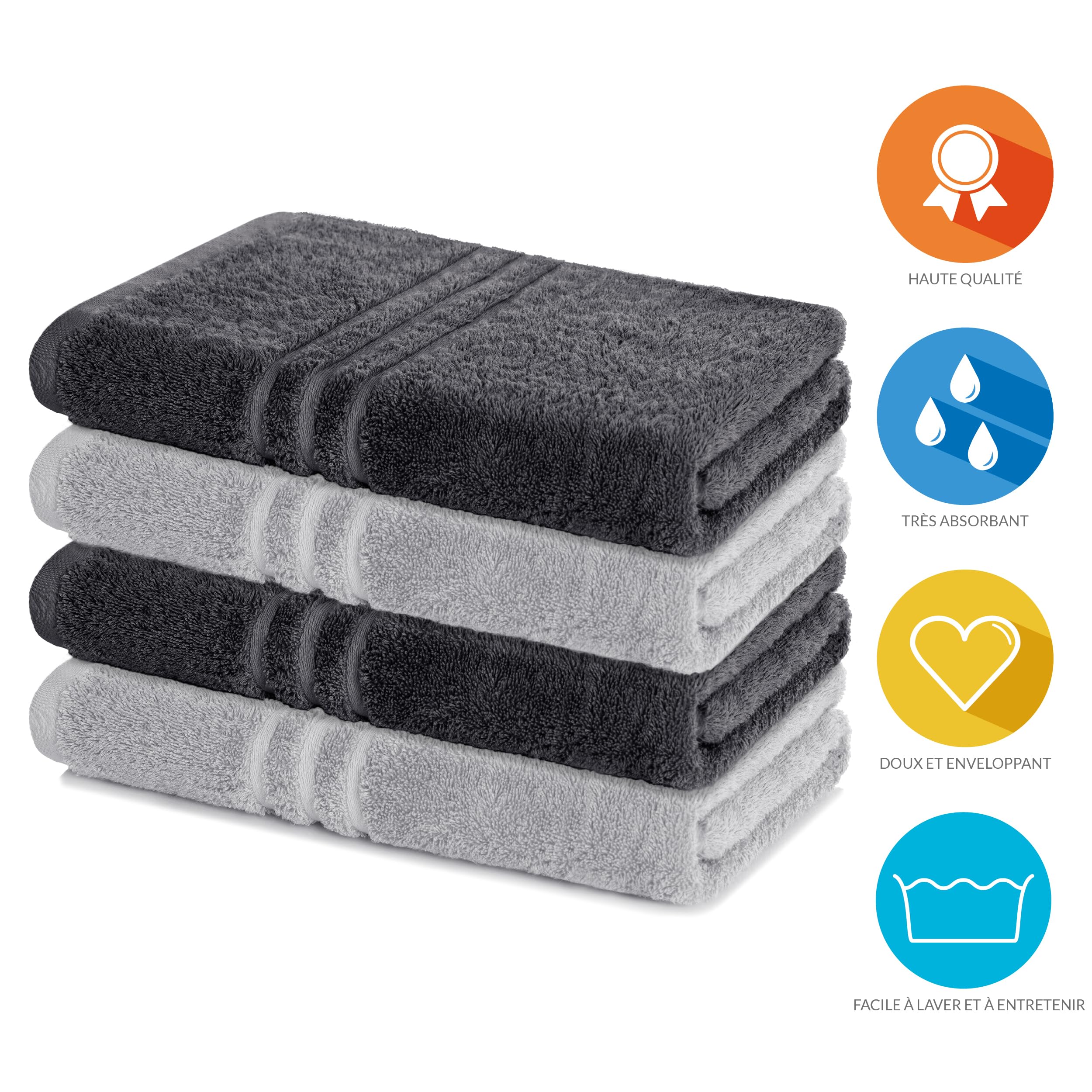 Lavea® Lot de 4 Serviettes de Bain 70x140 cm 100% Coton – Douces et Absorbantes – Idéales comme Serviette de Bain Grande Taille, Drap de Bain ou Serviette de Toilette – Anthracite et Argent | Lot de serviettes de bain 100 % coton - En éponge douce et abso