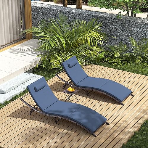 Juego de 3 tumbonas para exteriores, sillas de piscina con respaldo ajustable y mesa plegable, muebles exteriores de mimbre para patio, porche, azul