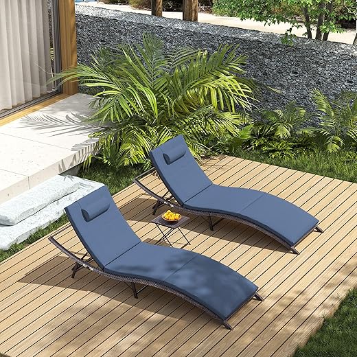 ASJMR Lounge Chairs 3 Pieces Outdoor Lounger Recliner Chair Beach Pool PE Rattan Patio Furniture Set with Folding Table (Dark Blue)