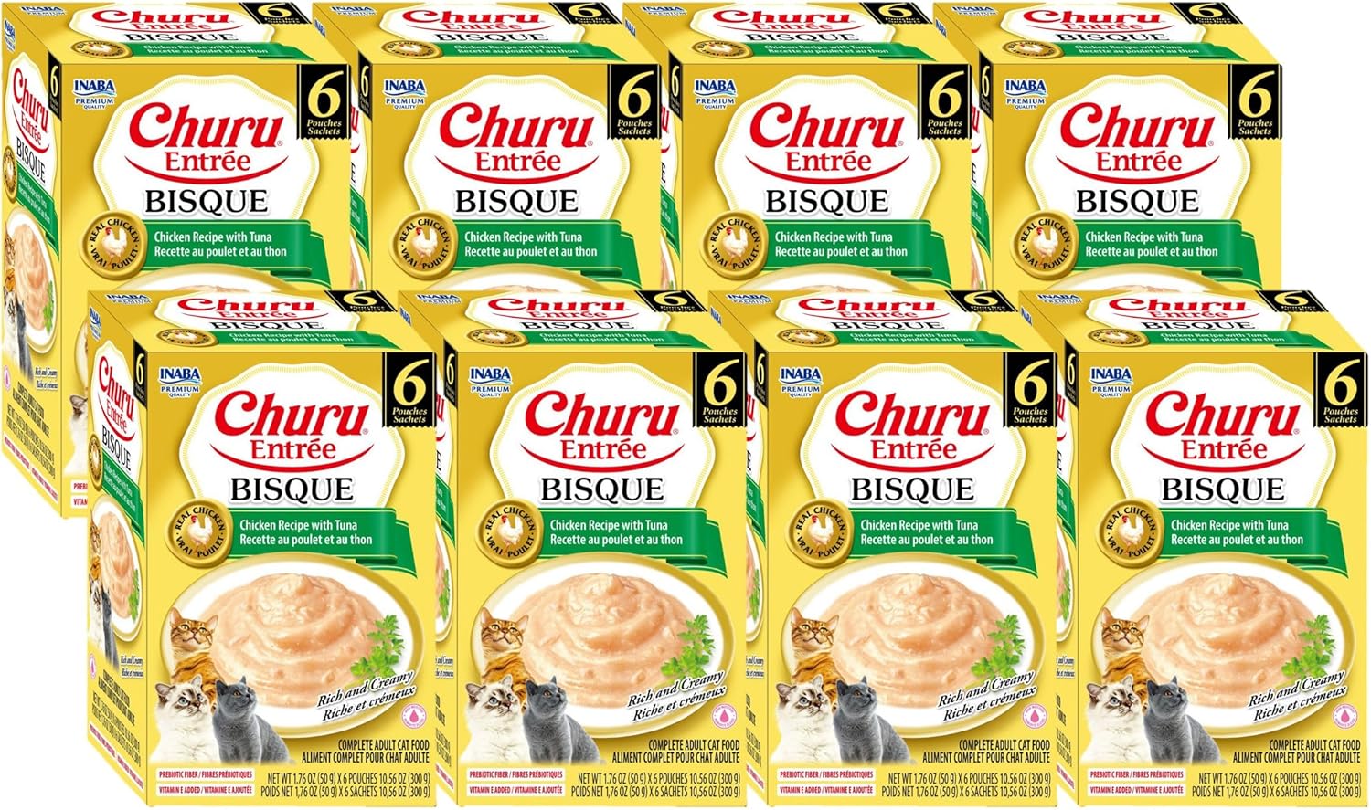 INABA Churu Entrée Bisque for Senior Cats, High Protein & Moisture, Prebiotic Wet Cat Food, 1.76oz. per Serving, 48 Pouches, Chicken with Tuna Recipe