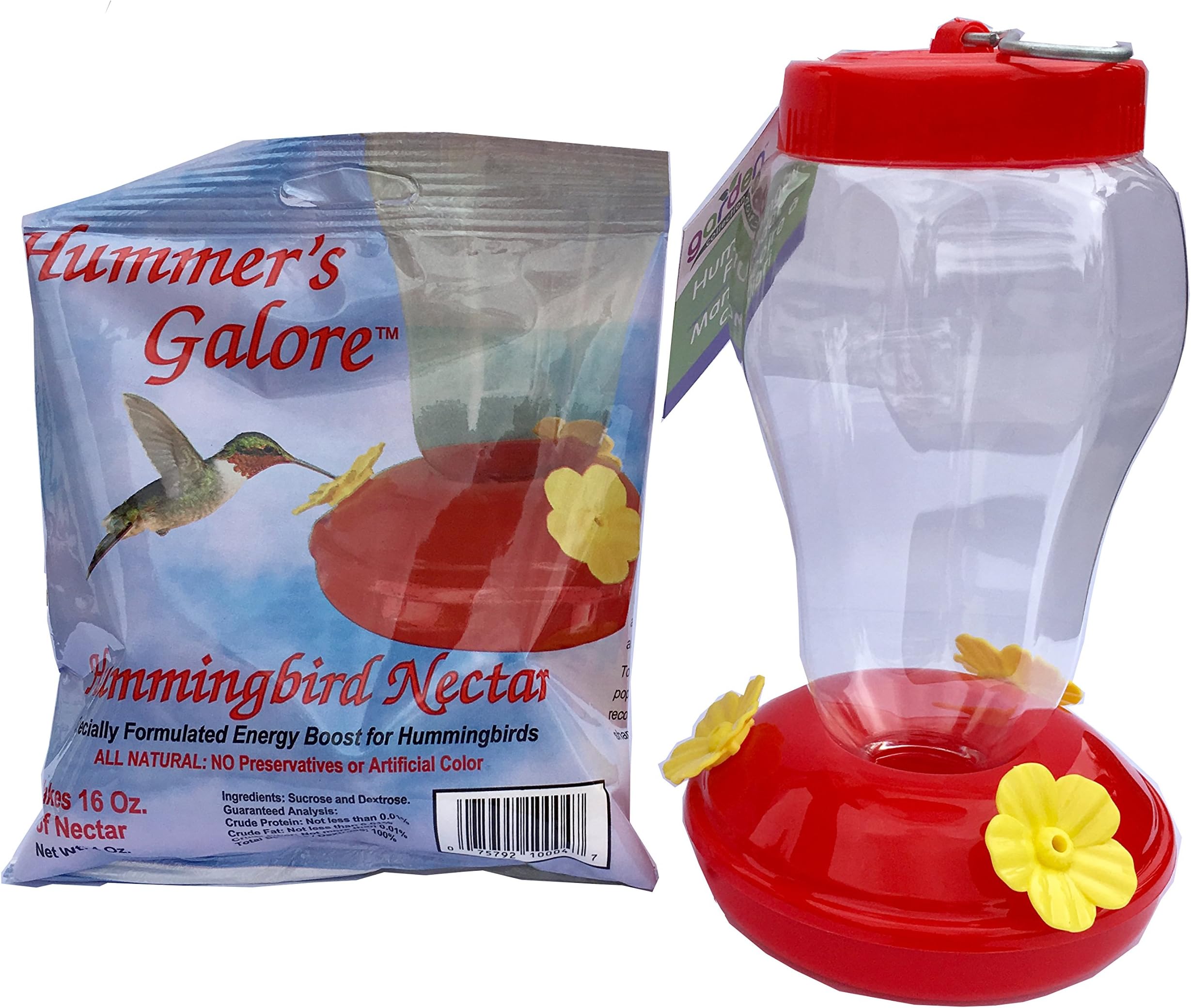 Garden CollectionSimple Hummingbird Feeder with Hook and Hummingbird Nectar, Red with Yellow Flowers