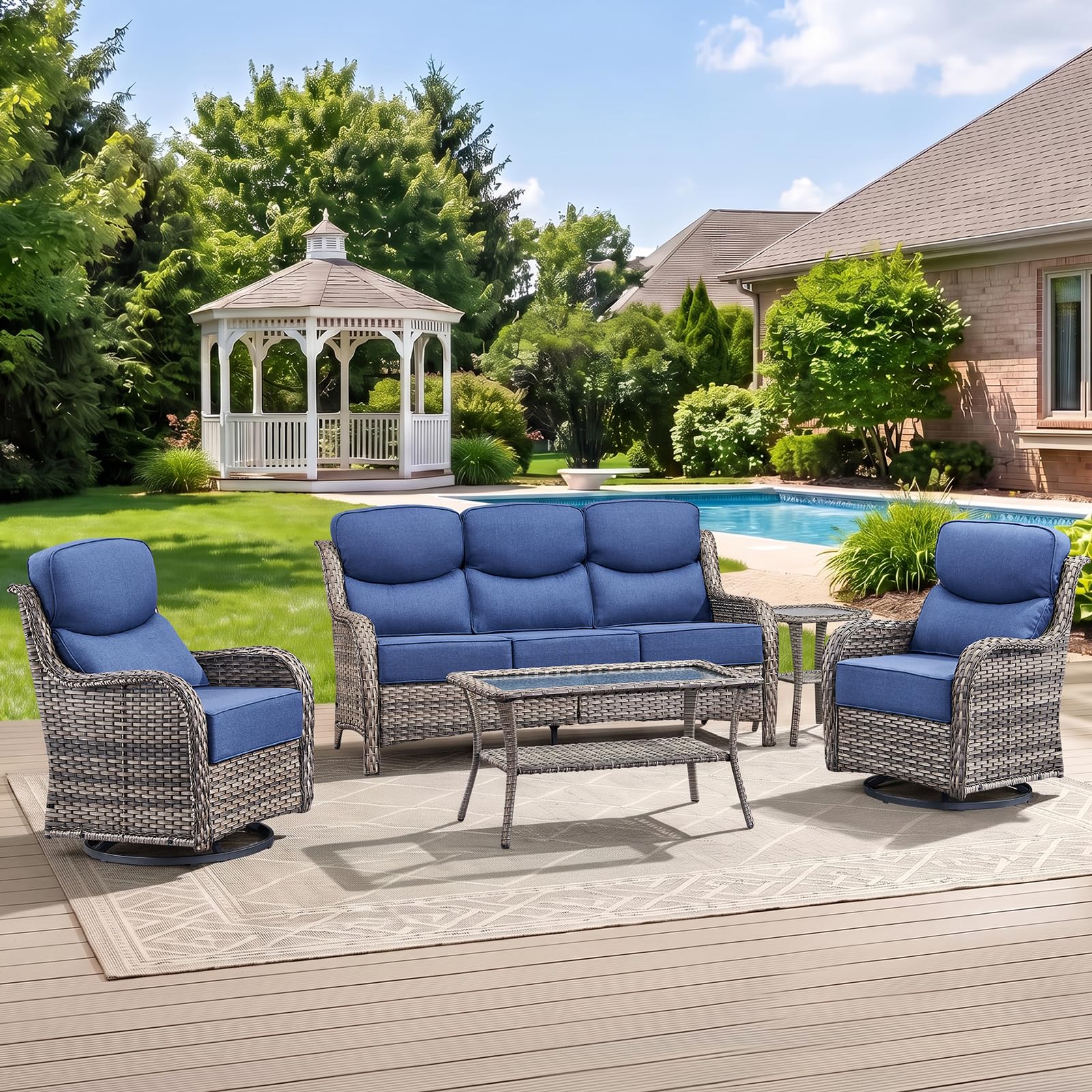 Swivel Patio Chairs sofa Set of 5 with 6" Thick Cushion - Wicker Outdoor Swivel Rocker Patio Chair ,Sofa/Glass coffee table, High Back Comfortable Outdoor Glider Chairs - Grey Wicker | Blue Cushions