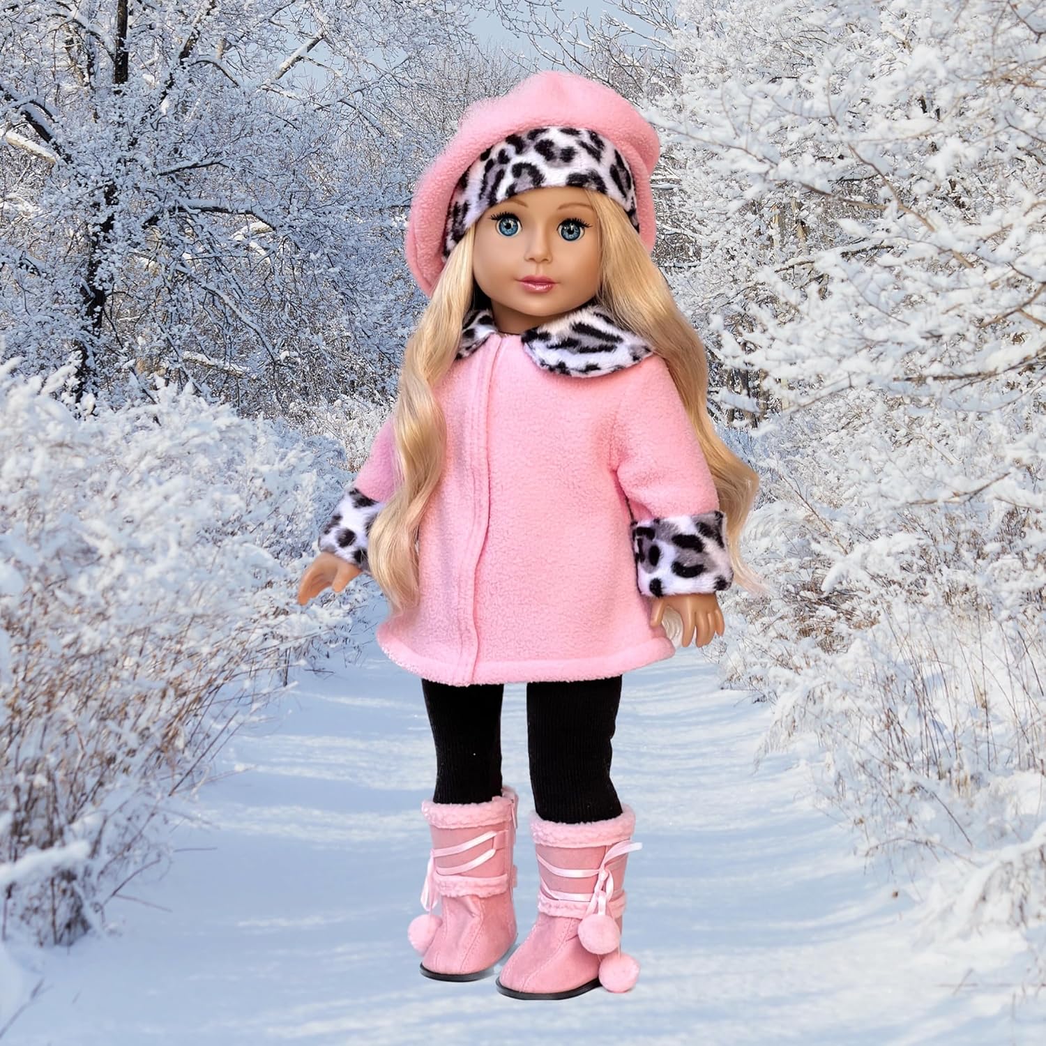 Elegance - 4 Piece 18 inch Doll Outfit - Pink Fleece Coat, Matching Hat, Brown Pants and Sherpa Boots - (Doll Not Included)