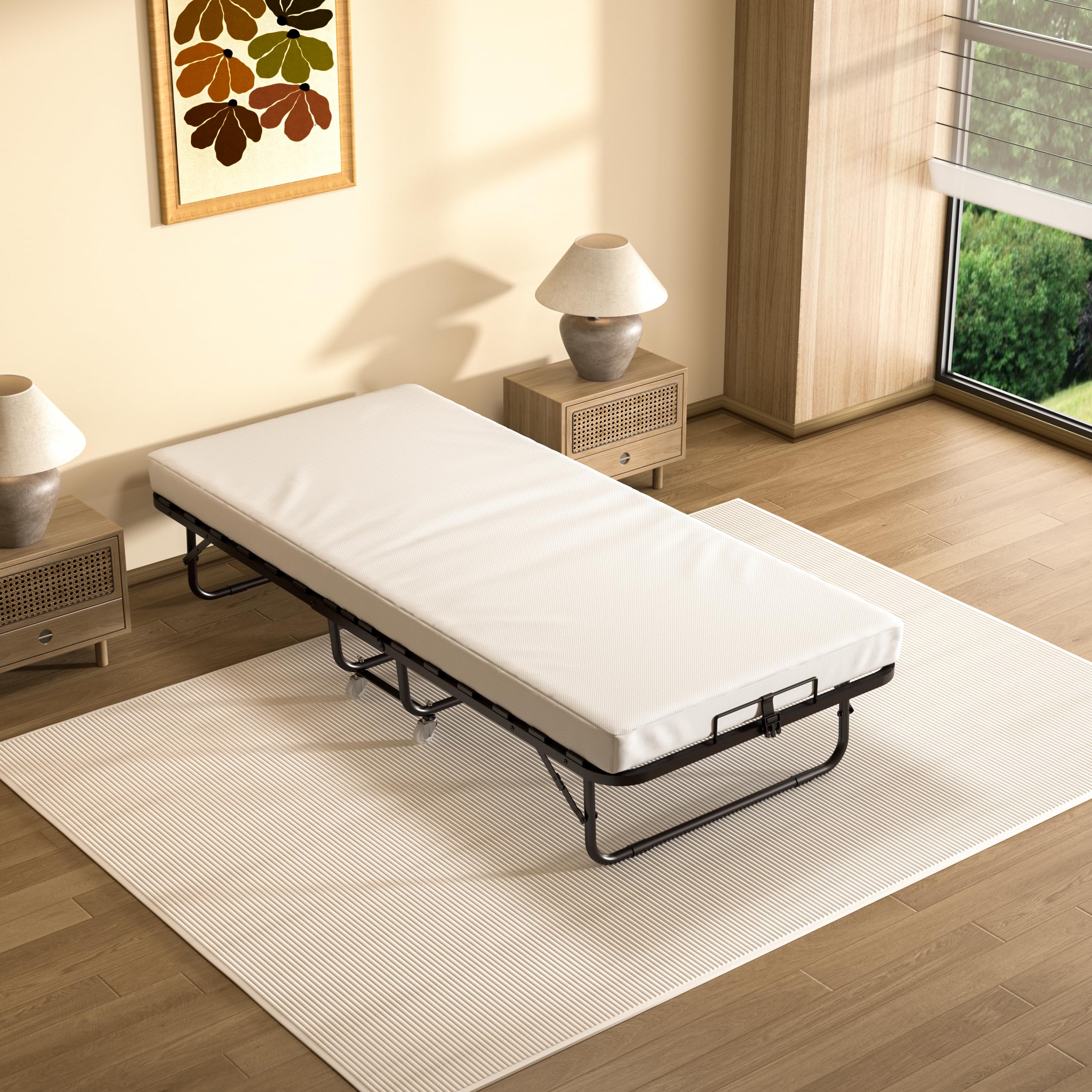 DEWINNER Lit Pliant 80x190 cm avec Matelas de 10cm, Lit Pliable 1 Personne Adulte pour Cadre de lit en sommier 80x190，Certification RoHS & Pro 65, 4 roulettes, Facile à Transporter et 2 Min Assembler