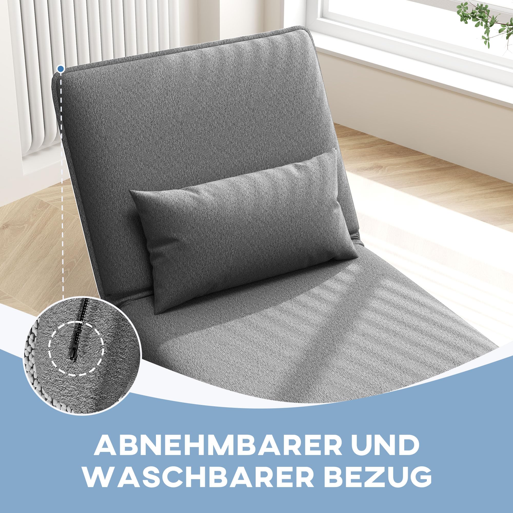 HOMCOM Bodensofa 3-in-1 Klappbar Schlafsofa mit 6-Fach verstellbar Rückenlehne Kissen Gepolstert Sofabett mit Schlaffunktion, bis 150 kg belastbar, für Schlafzimmer, Wohnzimmer, Dunkelgrau