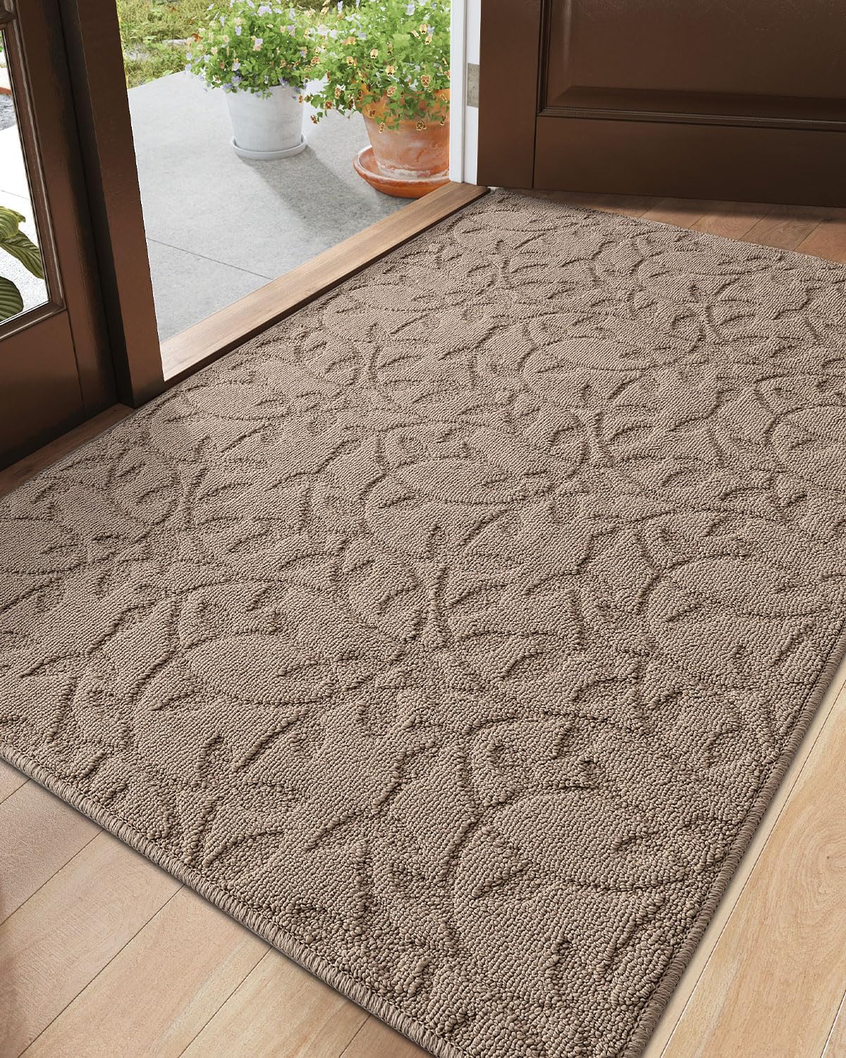 DEXI Front Door Mat Inside Entrance 36x60, Non Slip Dirt Trapper Doormat, Low Profile Thin Entry Mat, Absorbent Easy Clean Welcome Mats for Entryway, Patio, Branch Leaf Beige 3' x 5' (Rectangular) Leaf Beige