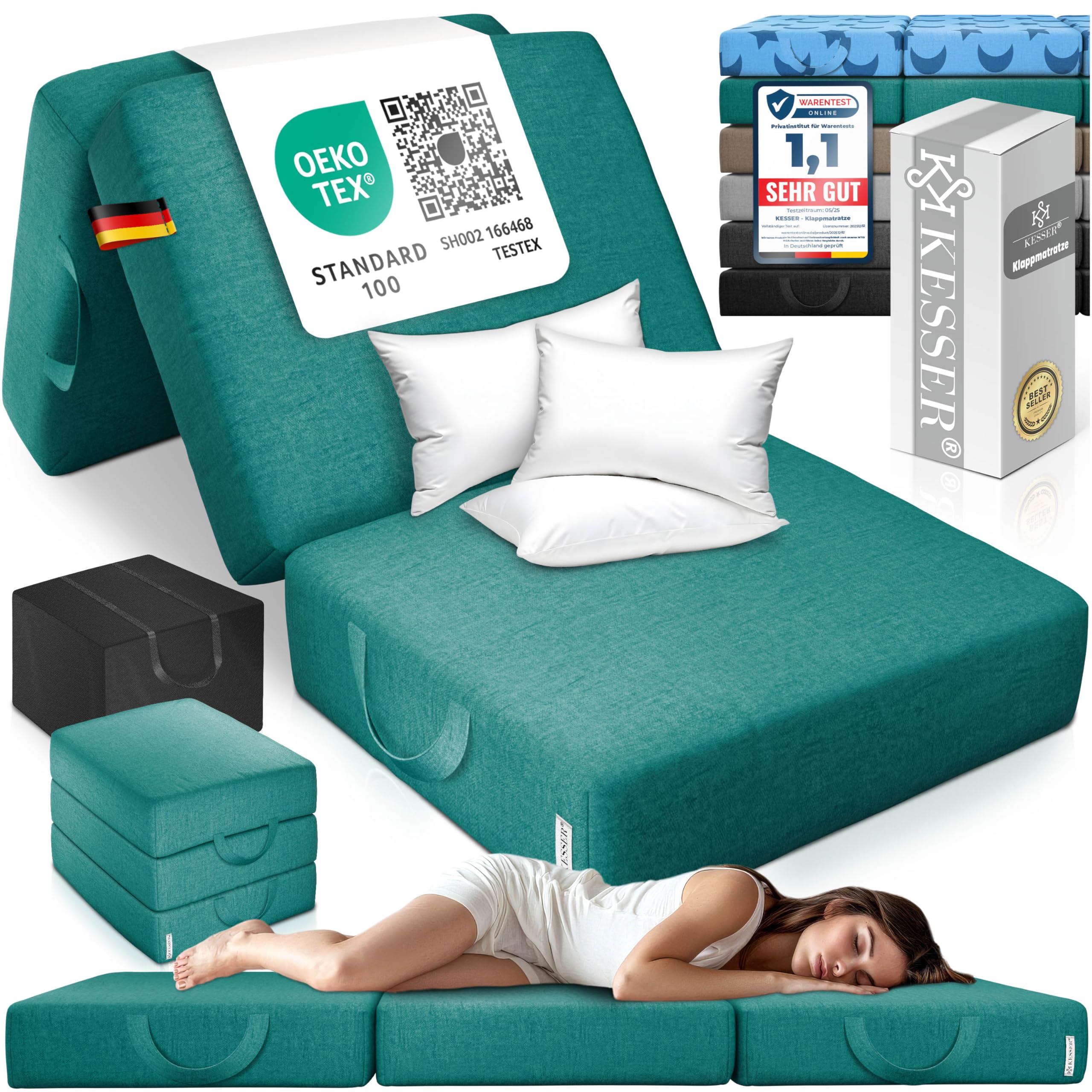 KESSER® Klappmatratze 75 x 195 x 15 cm Gästematratze 3-Fach faltbar zum Sitzhocker Faltmatratze Schaumstoff 25kg/m³ extra dick 15cm atmungsaktiv waschbar Abnehmbarer Bezug inkl. Camping Tragetasche