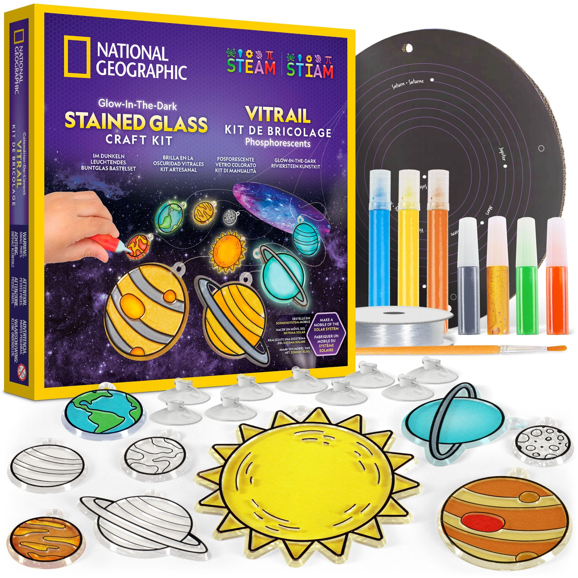 Blue Marble NATIONAL GEOGRAPHIC Fensterkunst-Kit für Kinder – Bastelset Sonnensystem im Glasmalerei-Stil mit leuchtenden Planeten, als Fensterbild oder Mobile für Decke & Weltraum-Deko verwenden