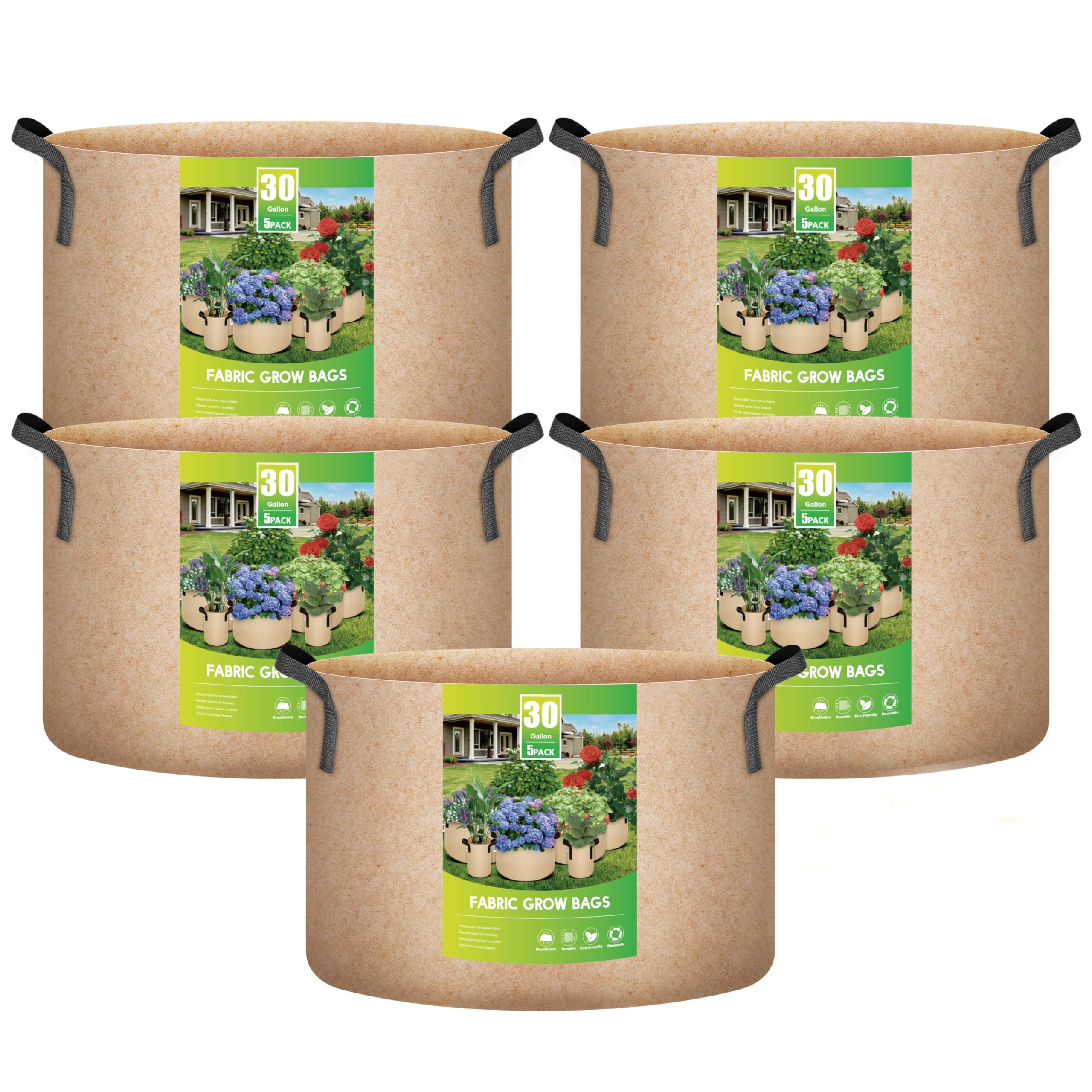 iPower5-Pack 30 Gallon Plant Grow Bags Thickened Nonwoven Aeration Fabric Pots Heavy Duty Durable Container, Strap Handles for Garden, Tan