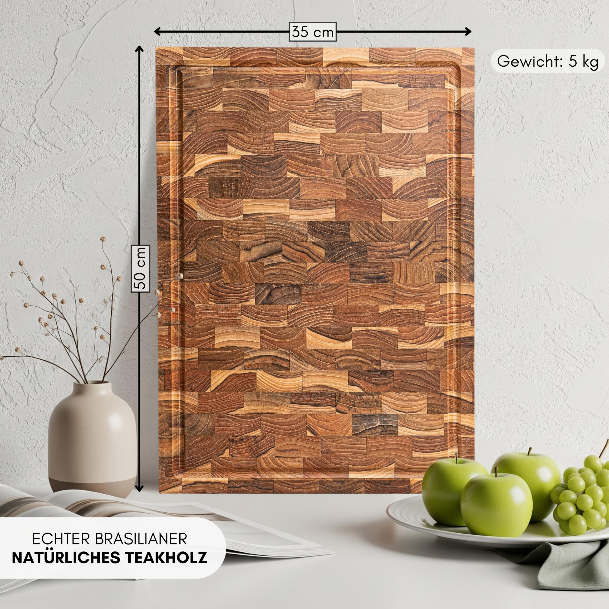 Erreke Schneidebrett aus Teakholz End Grain, 50x35x5 cm, Groß und Dick | Schneidebrett Holz. als Metzgerblock mit Saftrille. Rutschfeste Füße und abgeschrägte Griffe. Holz-Schneidebrett Küche
