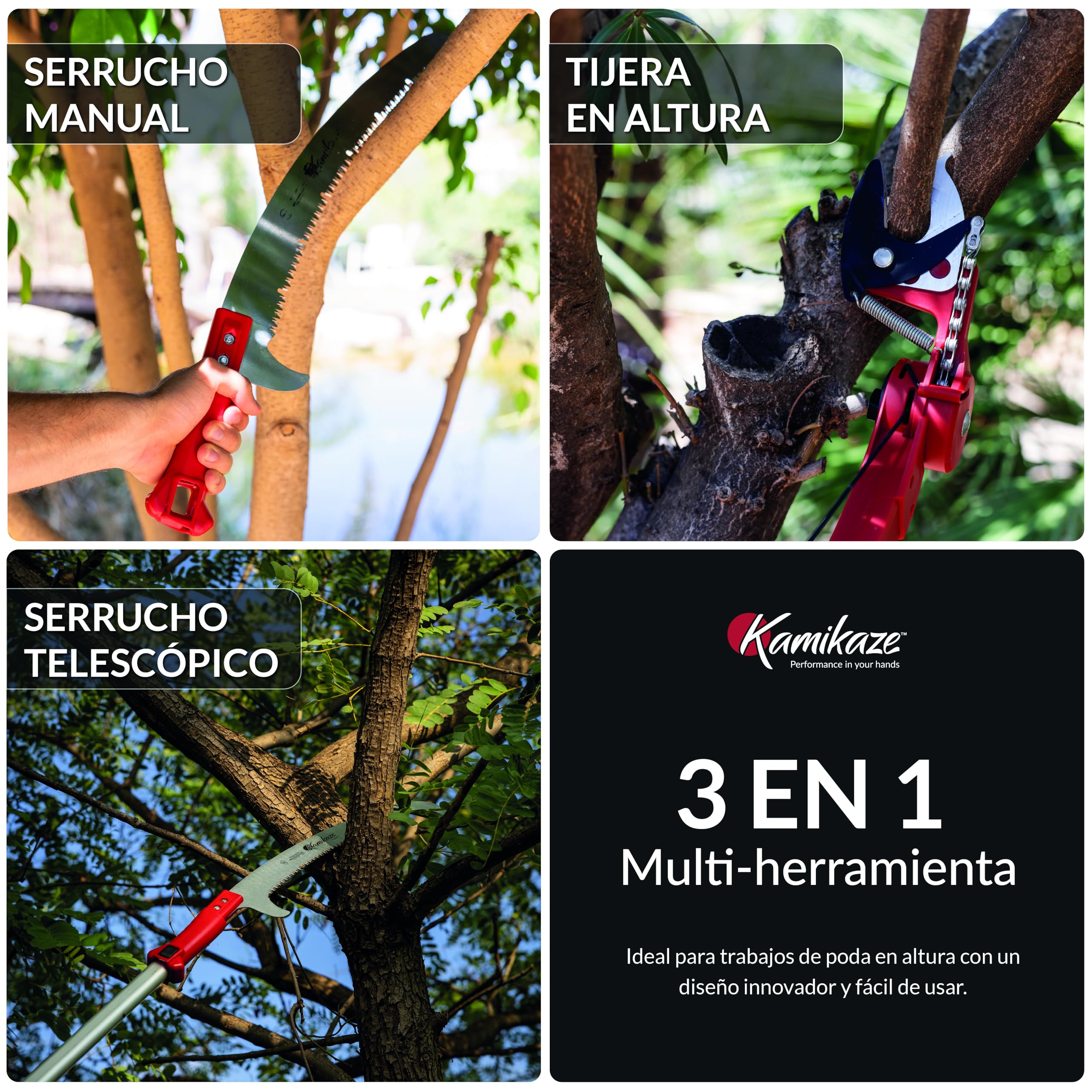 Kamikaze Kit de poda en altura 3 en 1 con pértiga telescópica 6m (3 tramos de 2m), tijera bypass MT-63 y serrucho MT-330 intercambiables, cabezal giratorio 200º, corte ramas hasta 80mm, hoja SK5